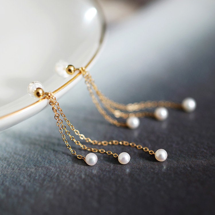 14K Gold filled Variation wear earring. Two-ways ear jacket long dangle natural pearl earring. wedding earring. Bridalpearl dangle earring.