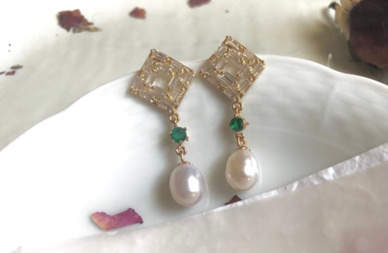 14K gold filled Victoria style elegant genuine pearl dainty earring. delicate zircon earring. France style design Swarovski earring