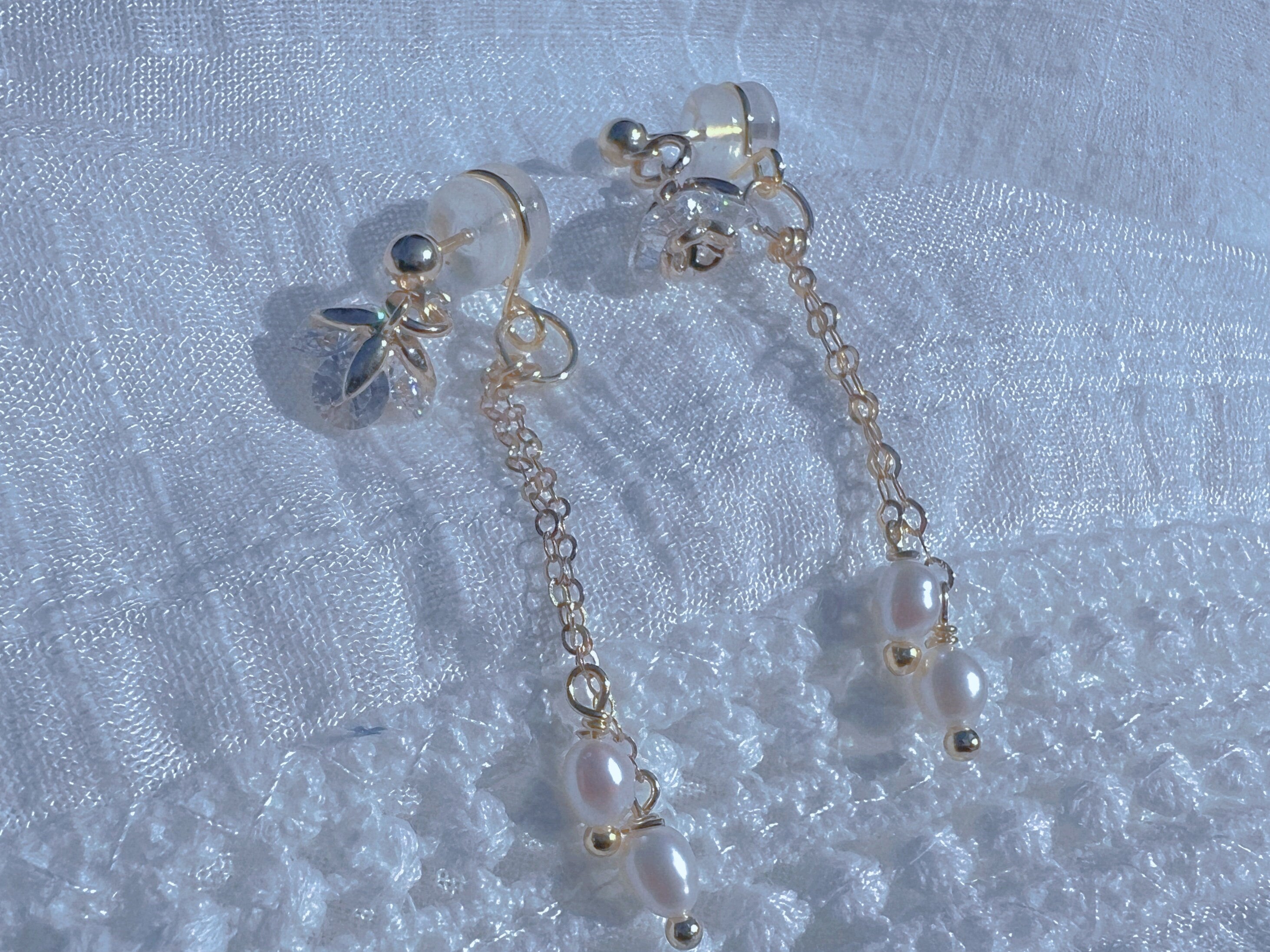 Art Deco Freshwater pearl dangle earrings. Delicate zircon floral earring. Two ways wear back earrings. Crystal elegant clip on earrings.
