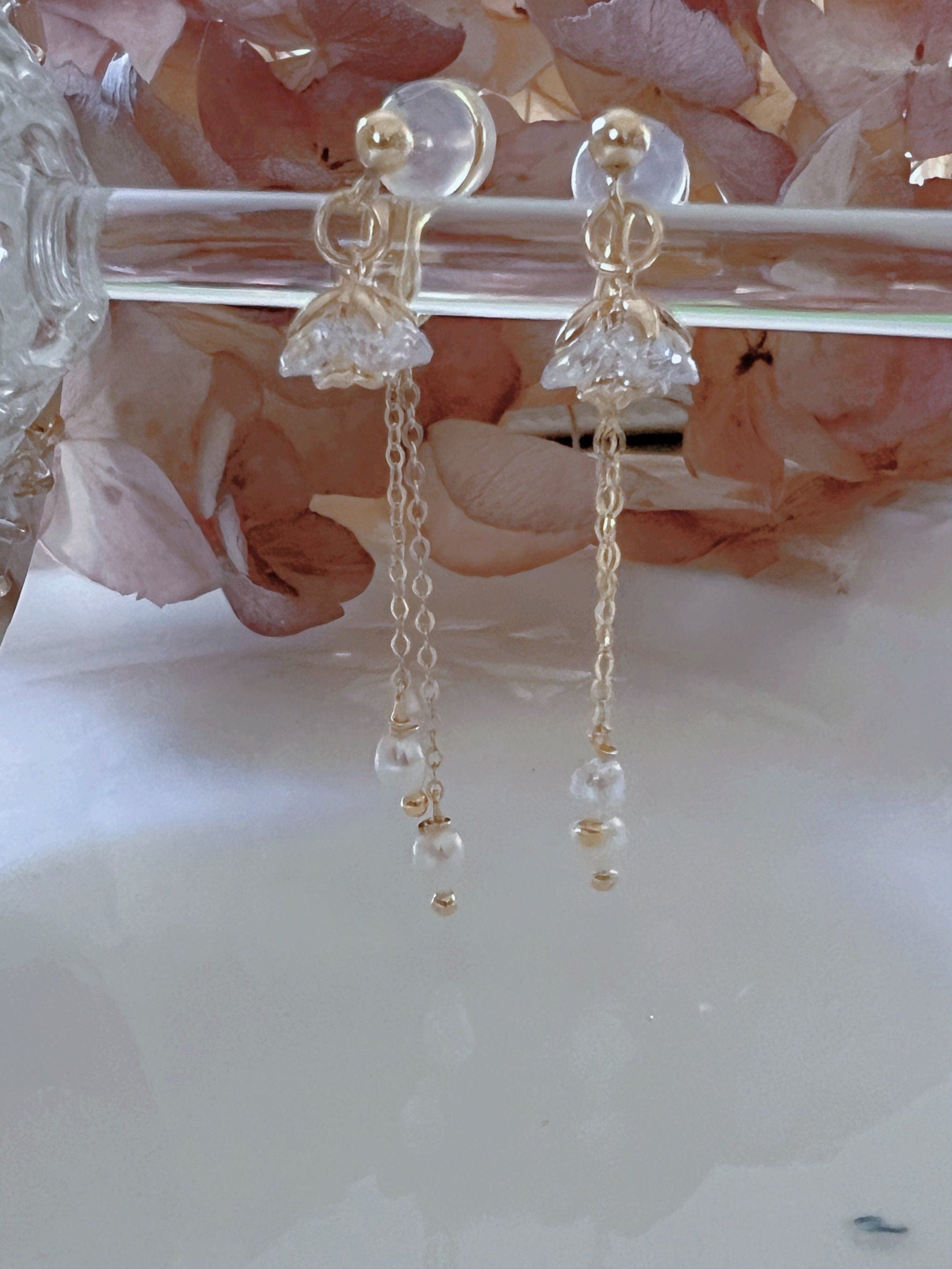 Art Deco Freshwater pearl dangle earrings. Delicate zircon floral earring. Two ways wear back earrings. Crystal elegant clip on earrings.