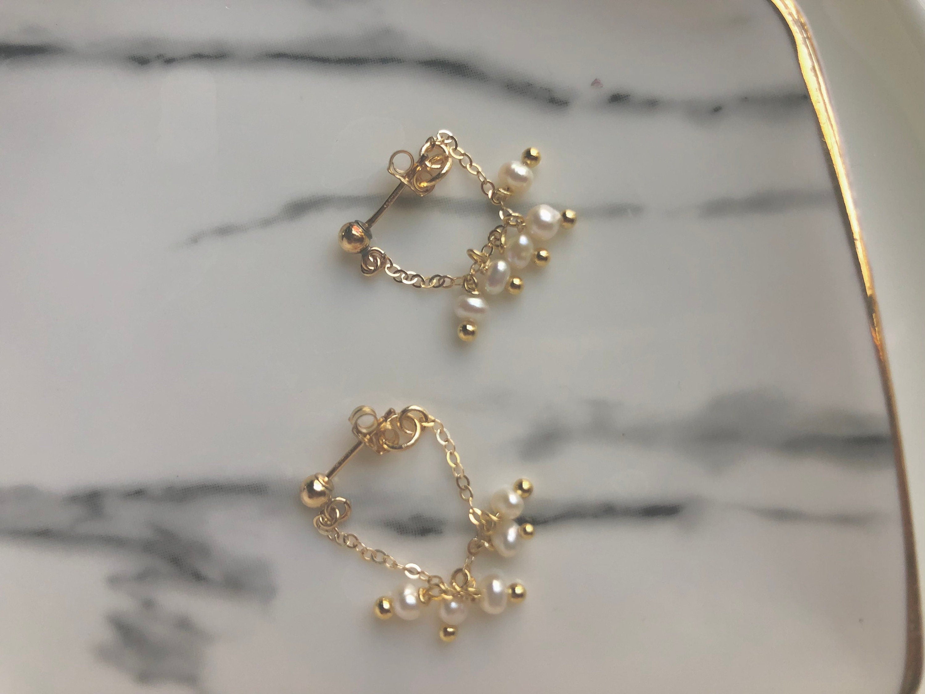14K gold filled freshwater pearl chain drop clip on earring. No pain baby pearl cluster dangle earring. Bridal bridesmaid pearl earrings.