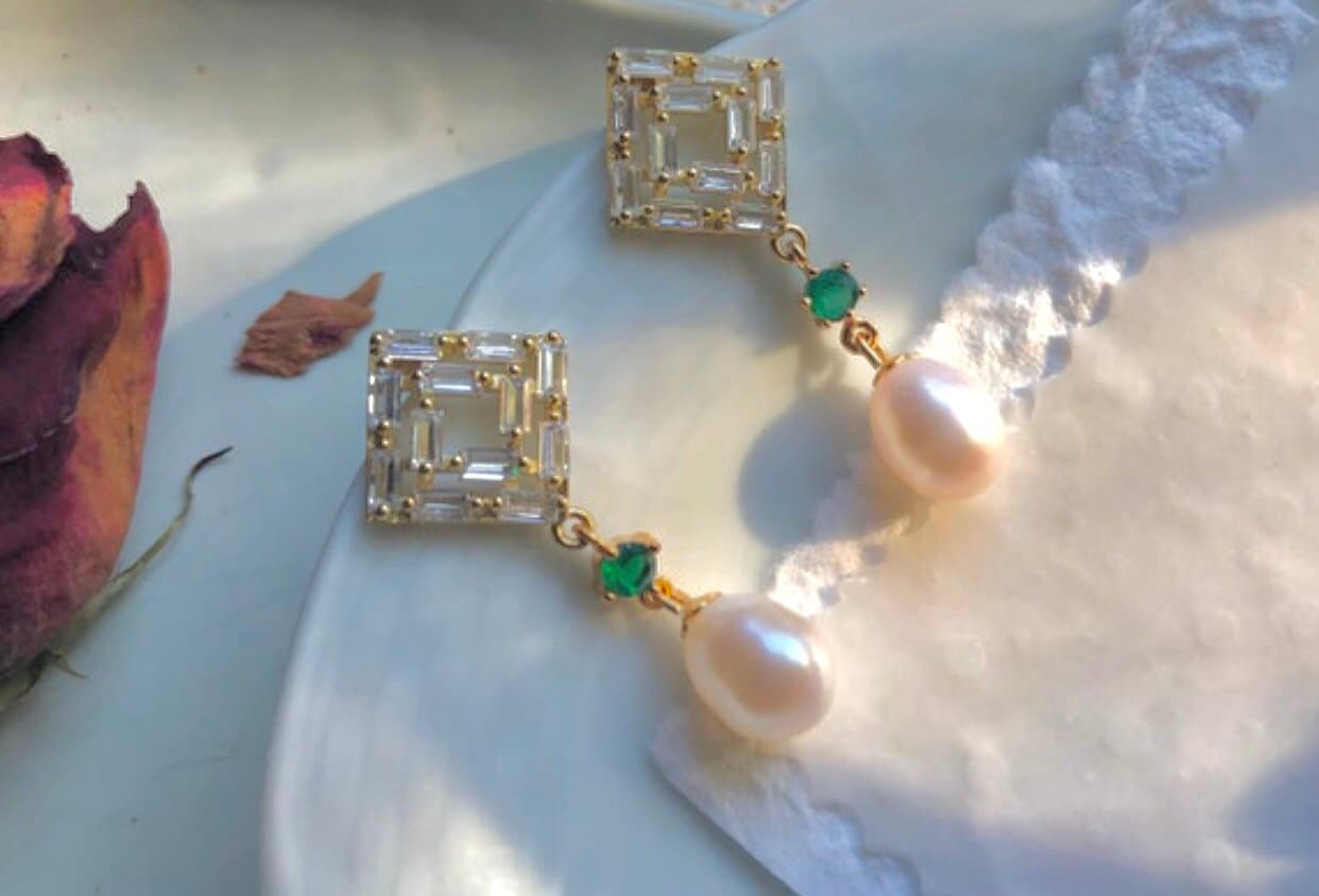 14K gold filled Victoria style elegant genuine pearl dainty earring. delicate zircon earring. France style design Swarovski earring