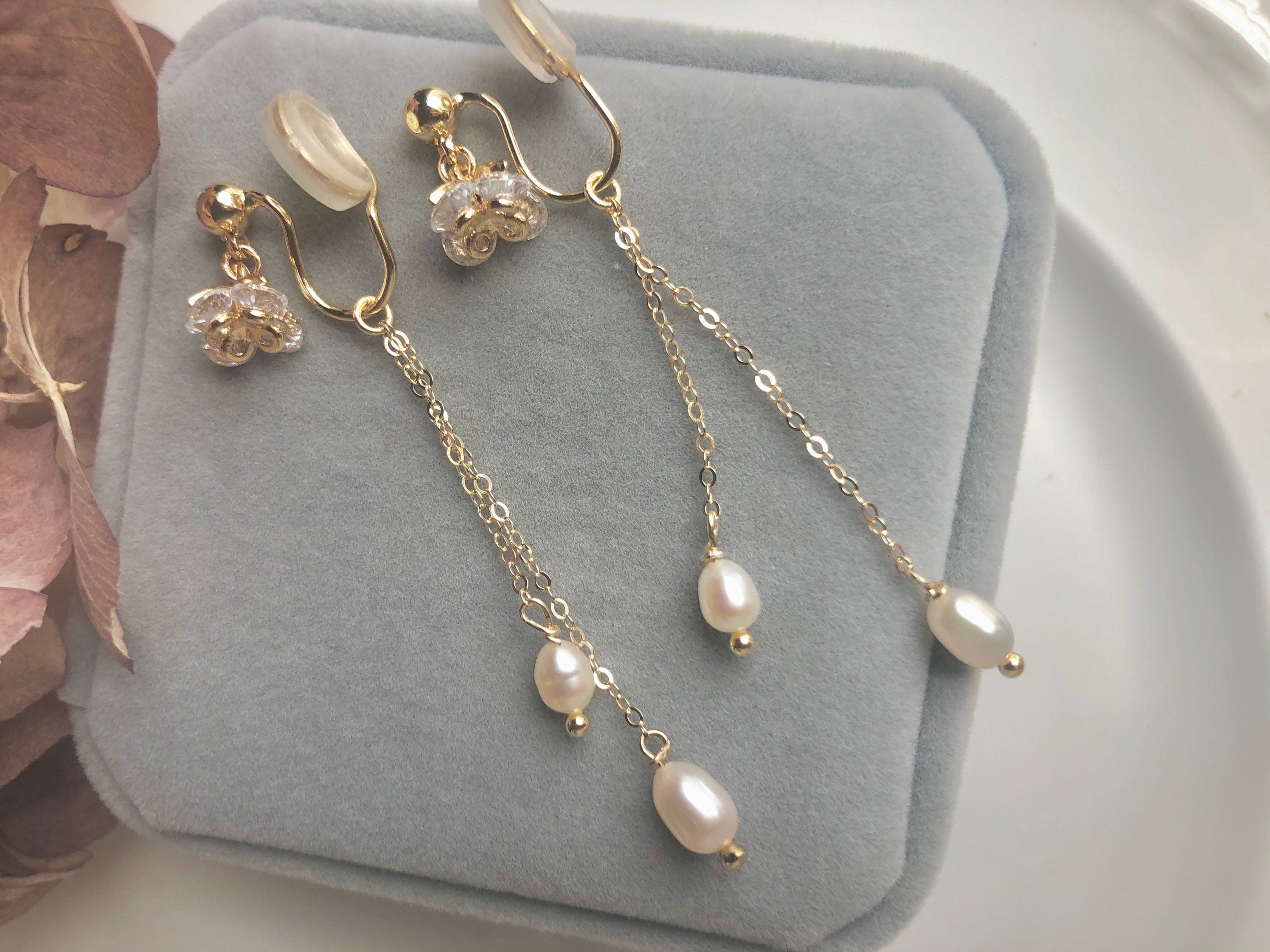 Art Deco Freshwater pearl dangle earrings. Delicate zircon floral earring. Two ways wear back earrings. Crystal elegant clip on earrings.