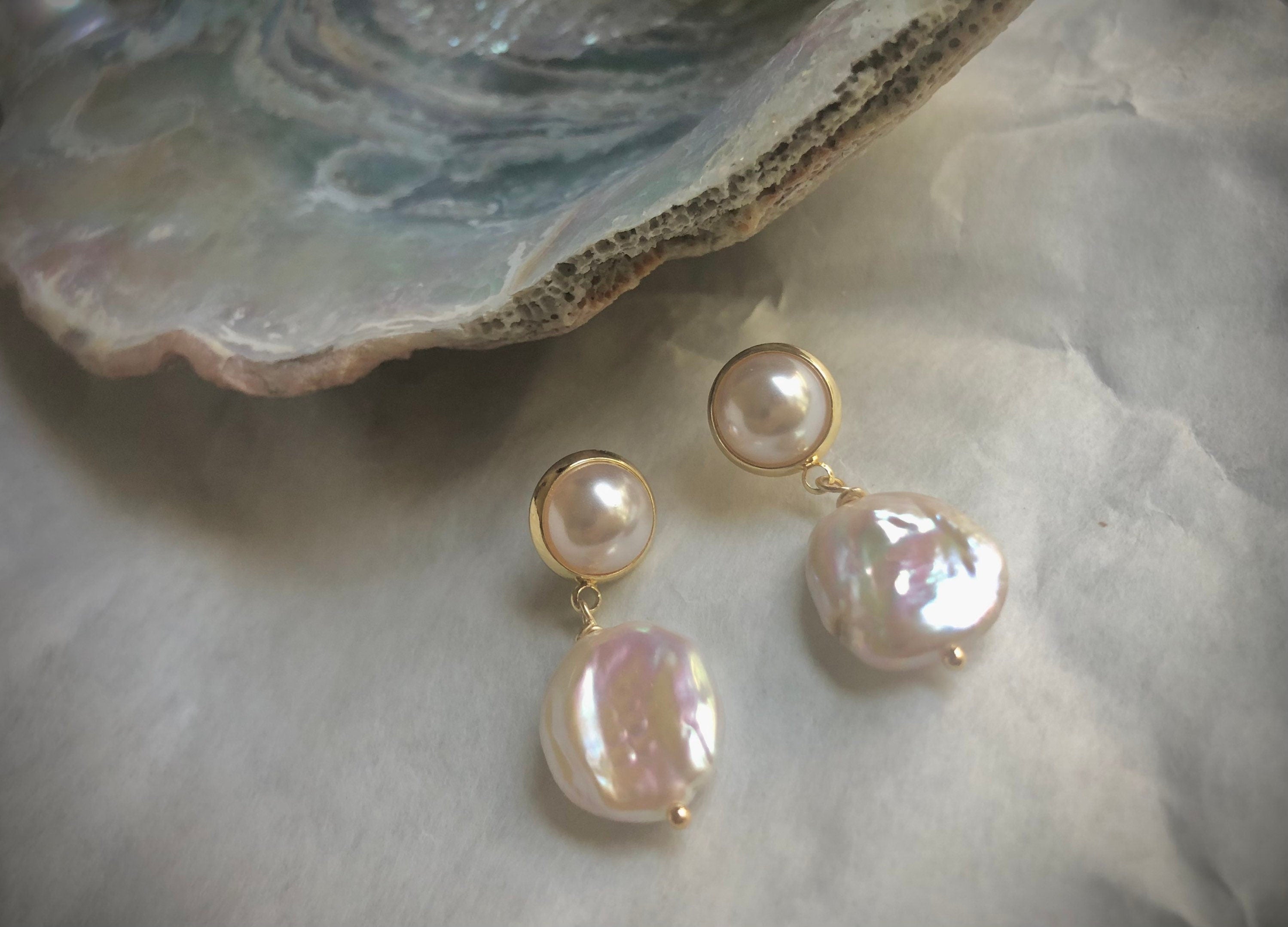 France style freshwater baroque big coin pearl earrings. Elegant dangle earrings. Double pearl earring. dainty. Delicate earring