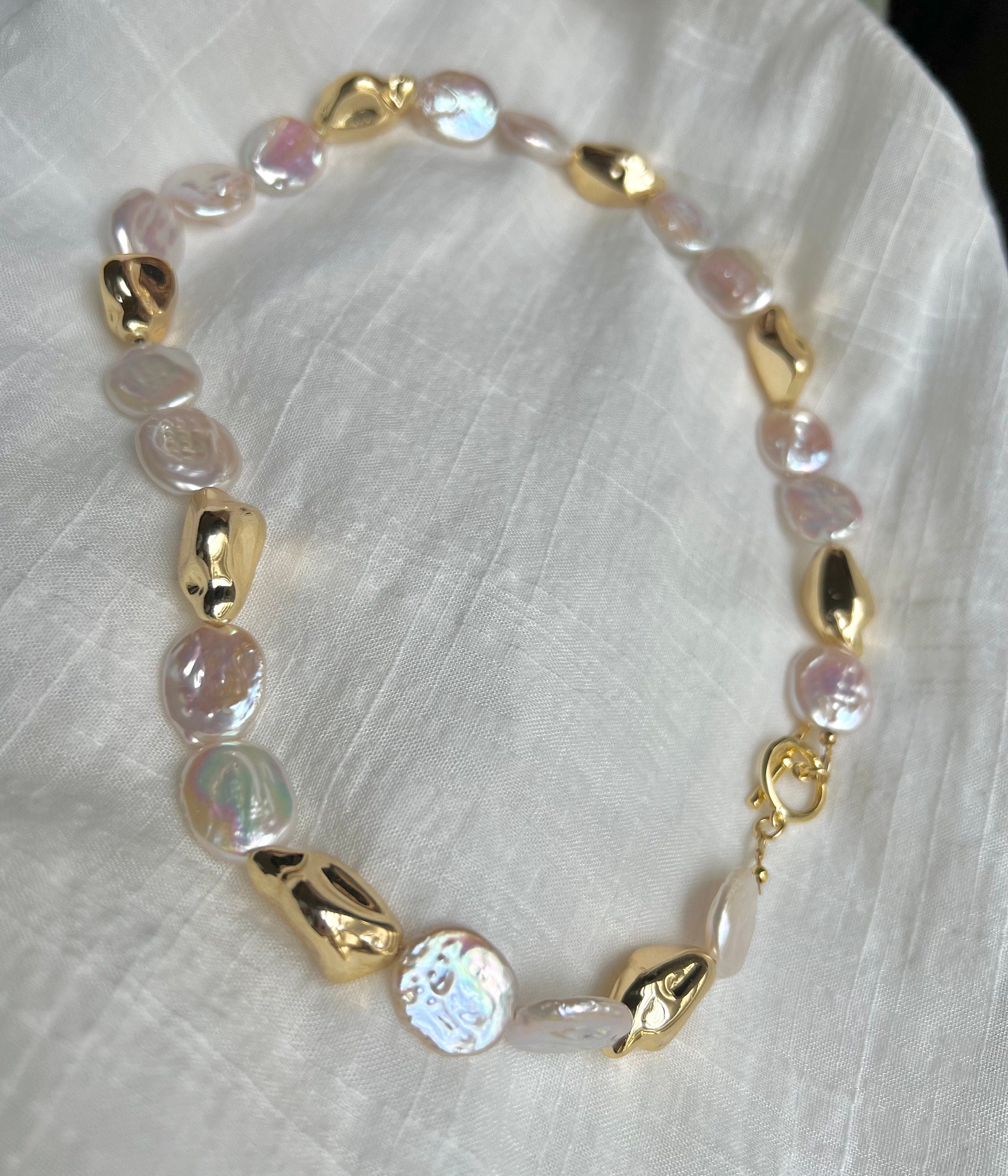 Freshwater baroque large coin pearl nugget toggle necklace. High luster baroque pearl necklace. Chunky necklace. Gift for her.