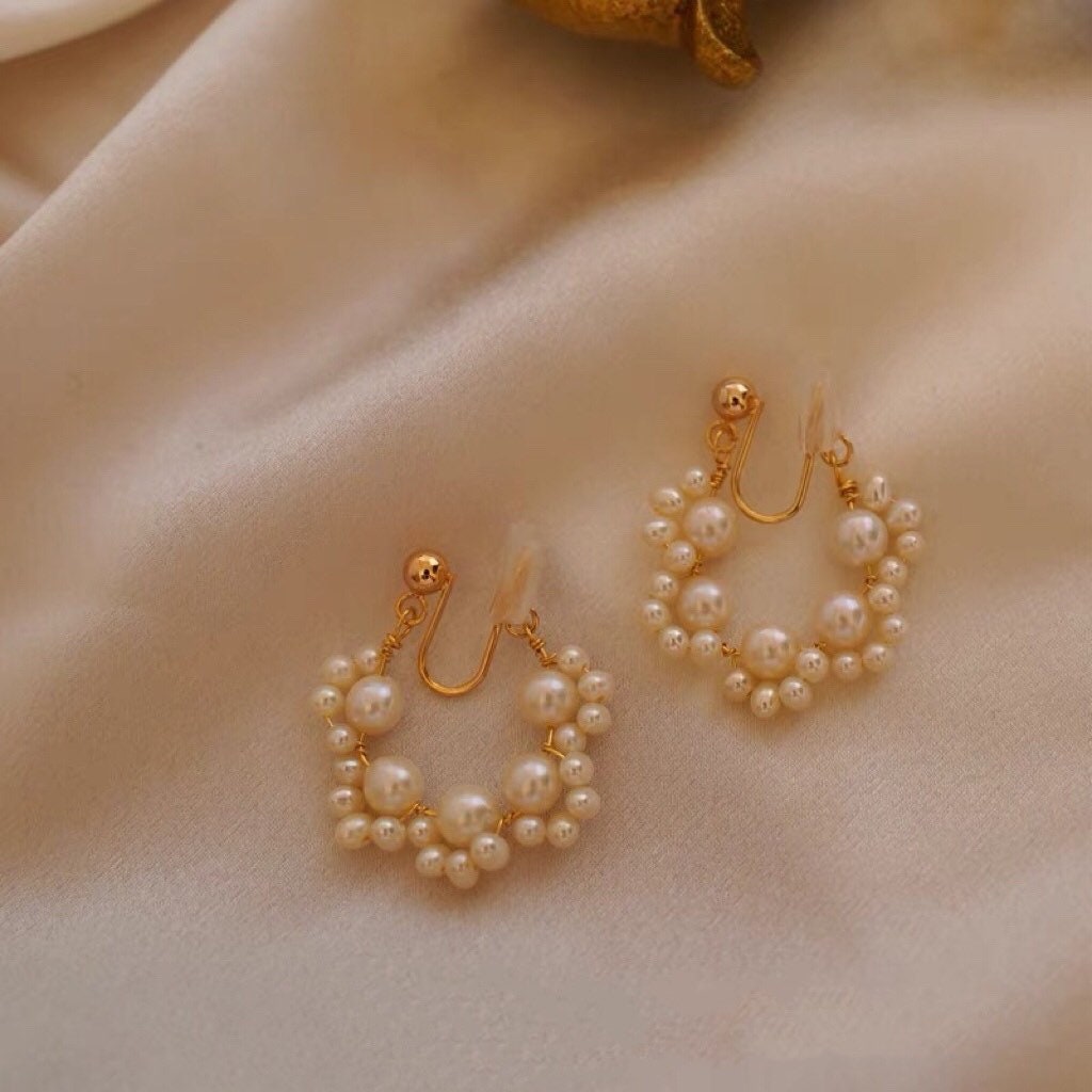 14K gold filled stud pearl earring. Clip on/ear stud earring. Bridesmaid gift. Boho wedding pearl huggie earring. Bridal earring.