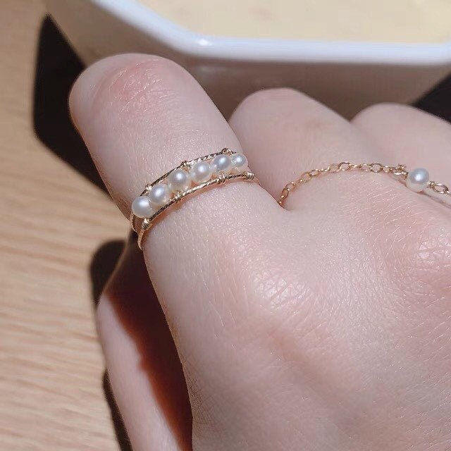 14K gold filled freshwater pearl wire wrapped ring. Real pearl band. Cultured pearl ring. Minimalist  ring. Stackable ring. Bridesmaid gift.