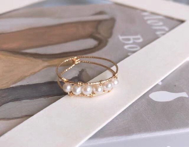 14K gold filled freshwater pearl wire wrapped ring. Real pearl band. Cultured pearl ring. Minimalist  ring. Stackable ring. Bridesmaid gift.