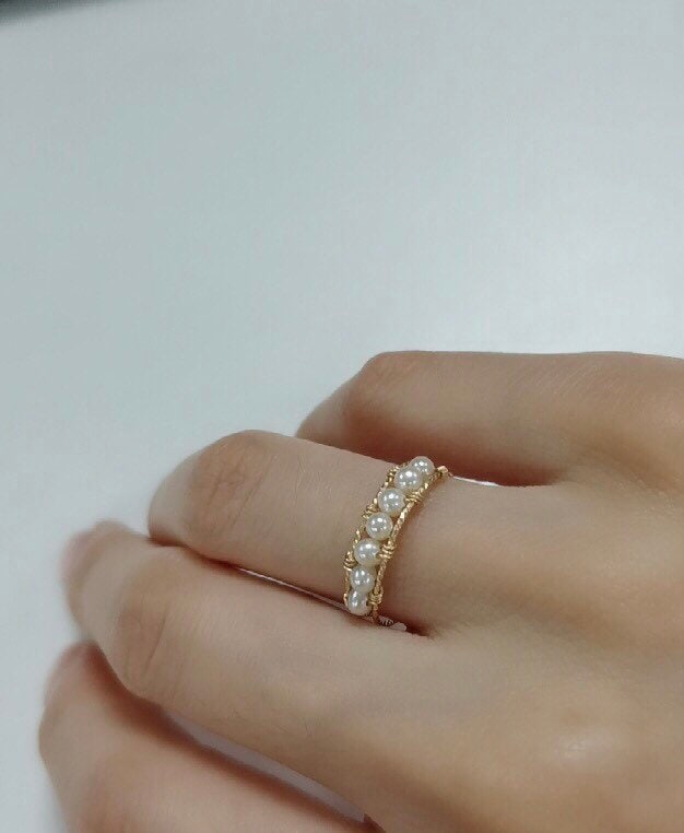 14K gold filled freshwater pearl wire wrapped ring. Real pearl band. Cultured pearl ring. Minimalist  ring. Stackable ring. Bridesmaid gift.