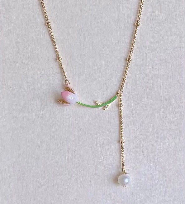 14K gold filled dangle tulip freshwater pearl beaded chain necklace. Flower necklace. Famous painting necklace. Floral necklace.