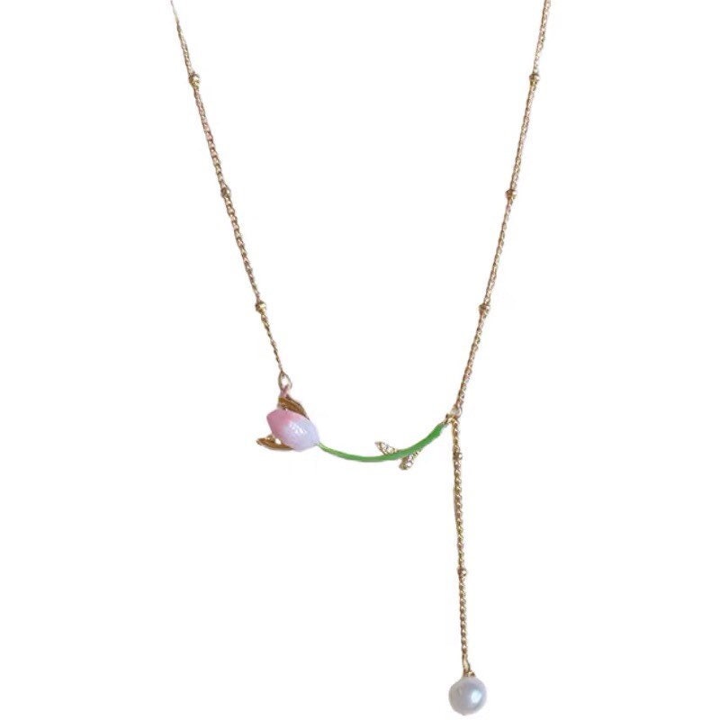 14K gold filled dangle tulip freshwater pearl beaded chain necklace. Flower necklace. Famous painting necklace. Floral necklace.