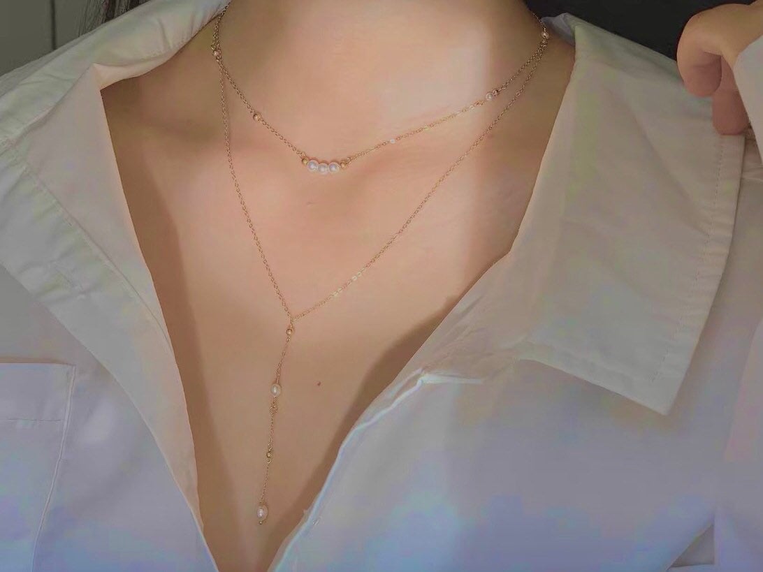 14K gold filled Victoria style double chain layered Freshwater petal necklace. France style lariat necklace. Y necklace. Bridal necklace.