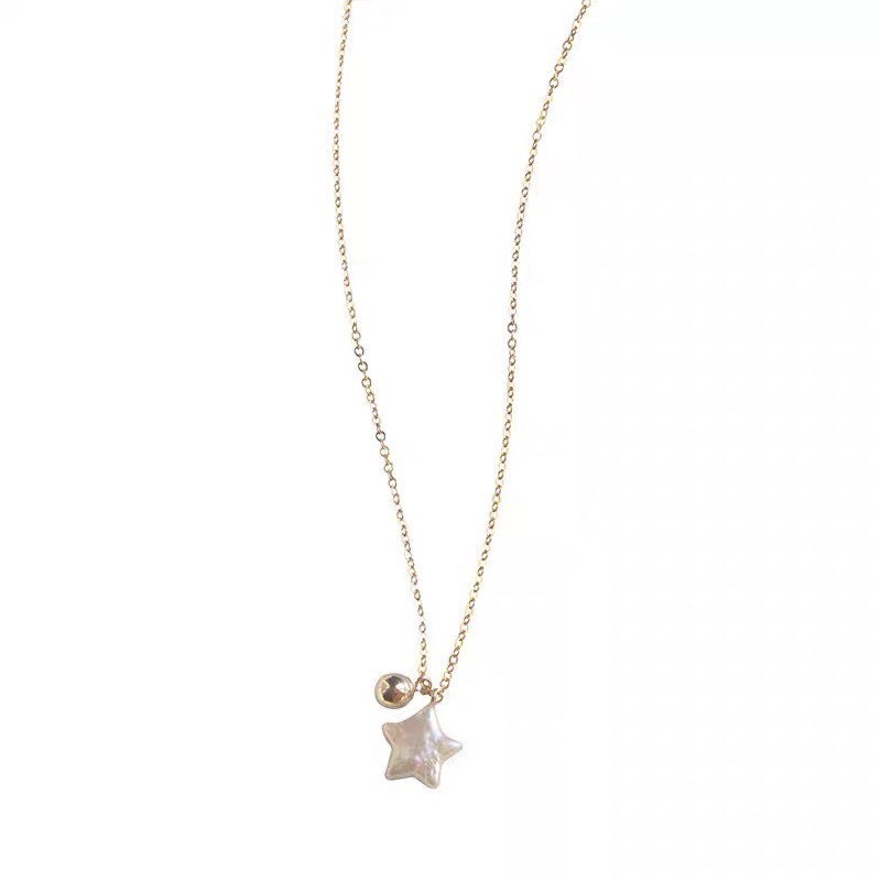 14K gold filled Baroque pearl star-pointed shaped Wrinkle necklace. Lustrous baroque space necklace. Baroque Gold beads necklace. Bridal.