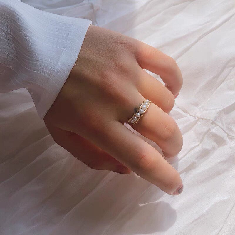 14K gold filled freshwater pearl wire wrapped ring. Real pearl band. Cultured pearl ring. Minimalist  ring. Stackable ring. Bridesmaid gift.