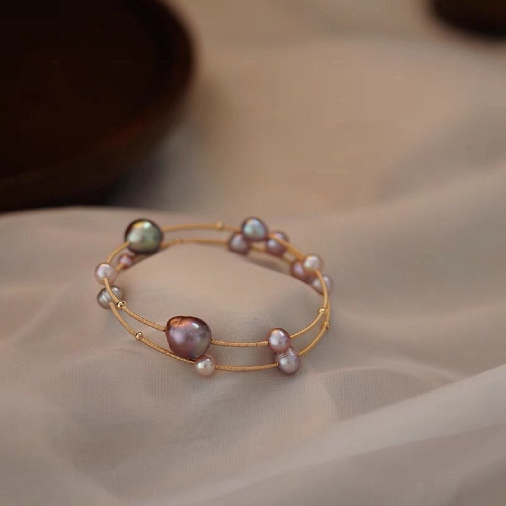 Freshwater baroque Pearl multiple color bangle. Open cuff flex dainty bracelet. Adorable bangle. Gift for her