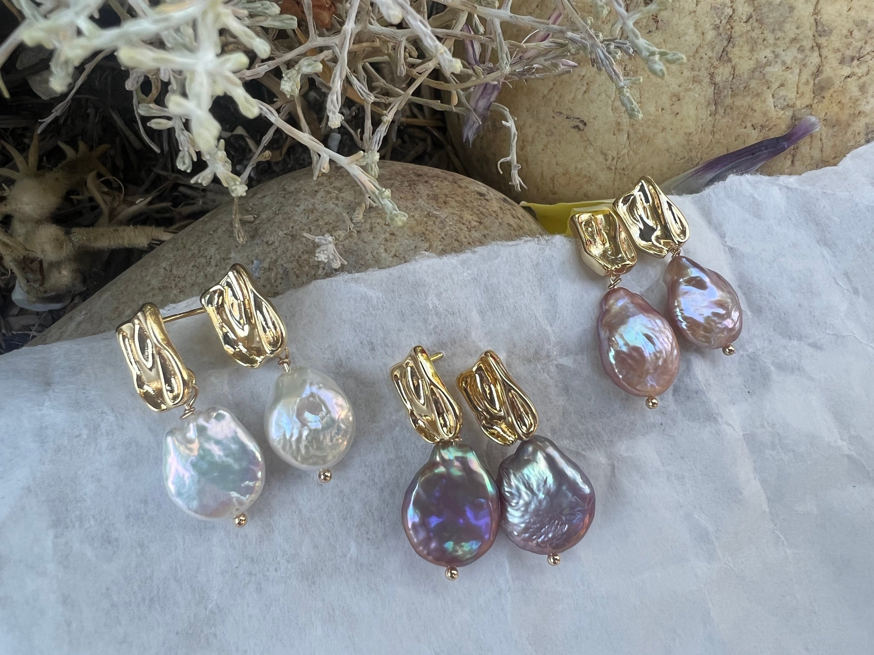 Freshwater keshi coin pearl purple/orange/white high quality luster Nugget stud earrings. Trendy earrings. Minimalist earrings