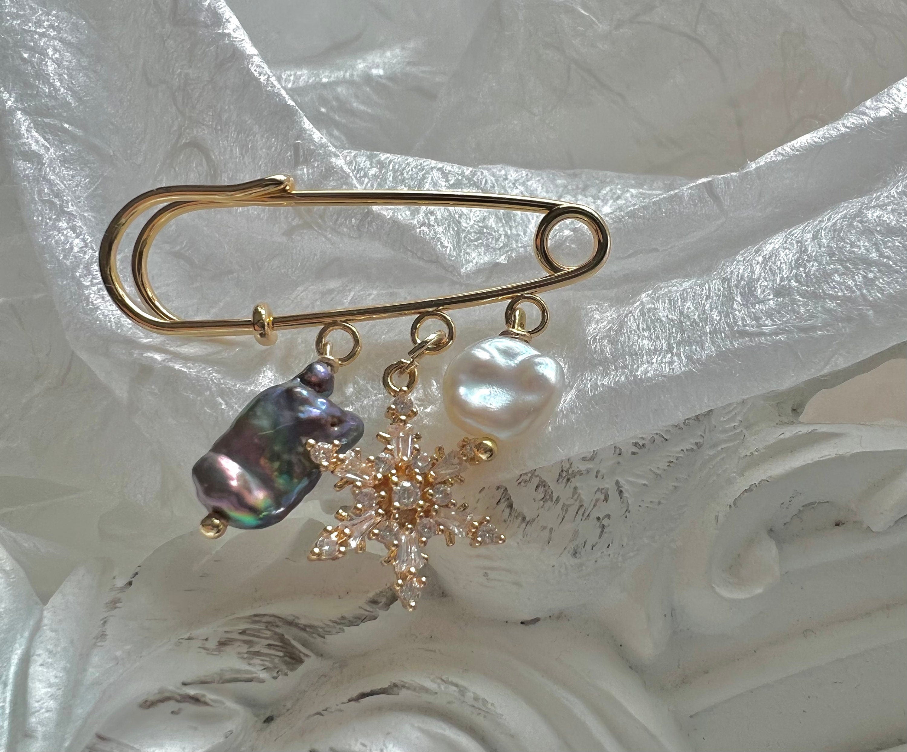 High quality luster Freshwater baroque pearl Safety pin brooch. Dangle zircon pin brooch.18K gold plated genuine pearl pin. Bridesmaid gift.