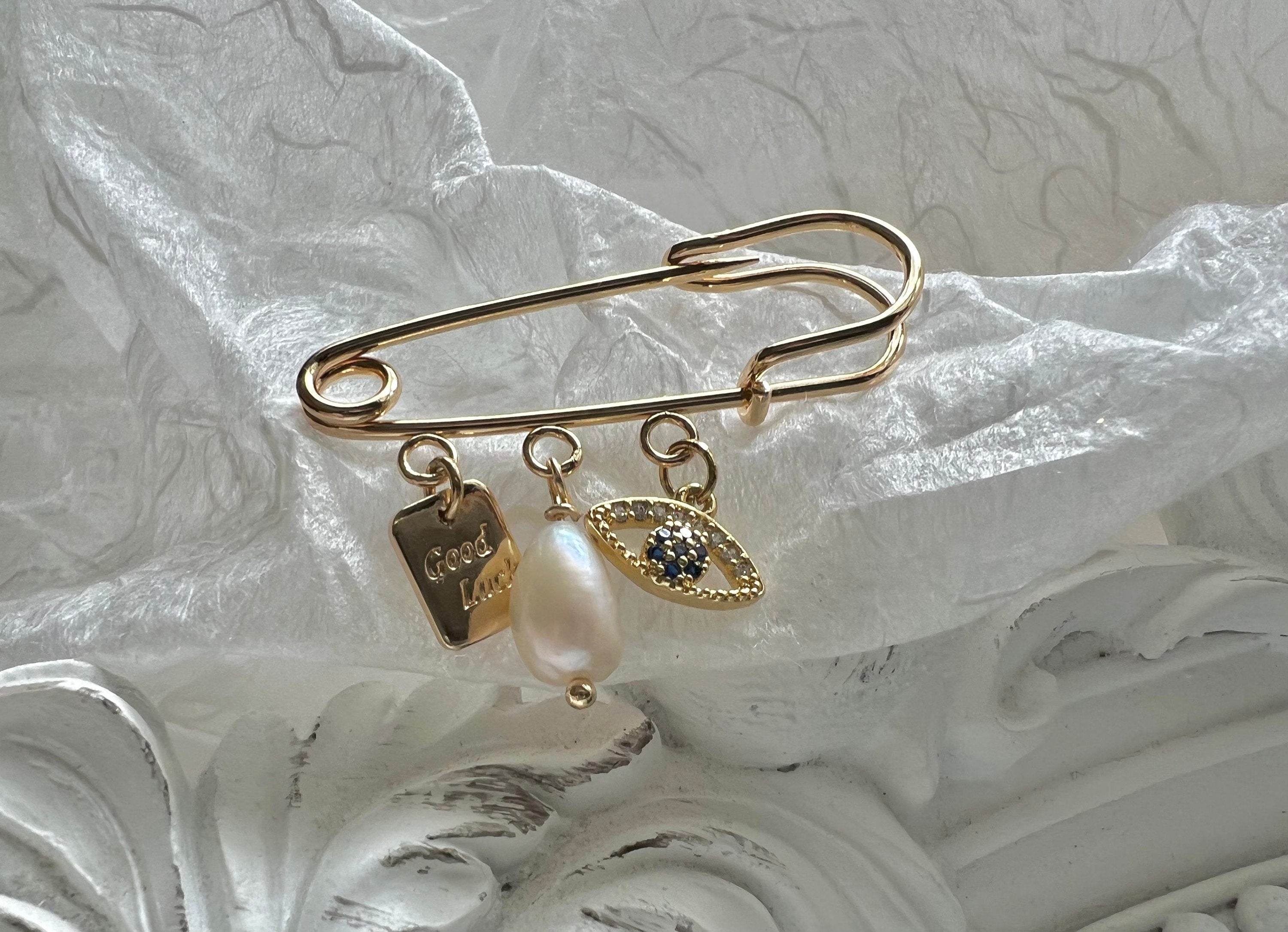 High quality luster Freshwater baroque pearl Safety pin brooch. Dangle zircon pin brooch.18K gold plated genuine pearl pin. Bridesmaid gift.