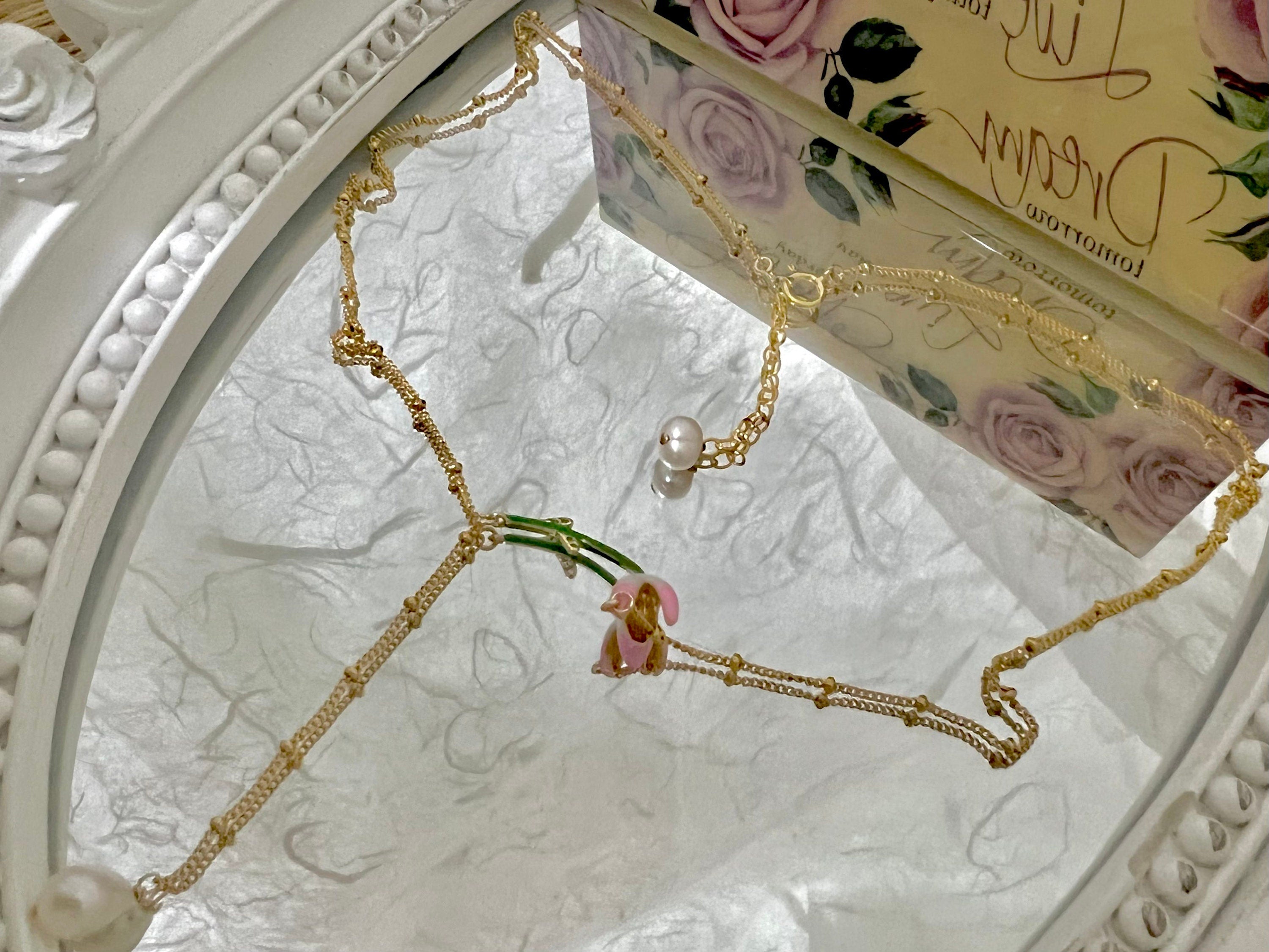 14K gold filled dangle tulip freshwater pearl beaded chain necklace. Flower necklace. Famous painting necklace. Floral necklace.