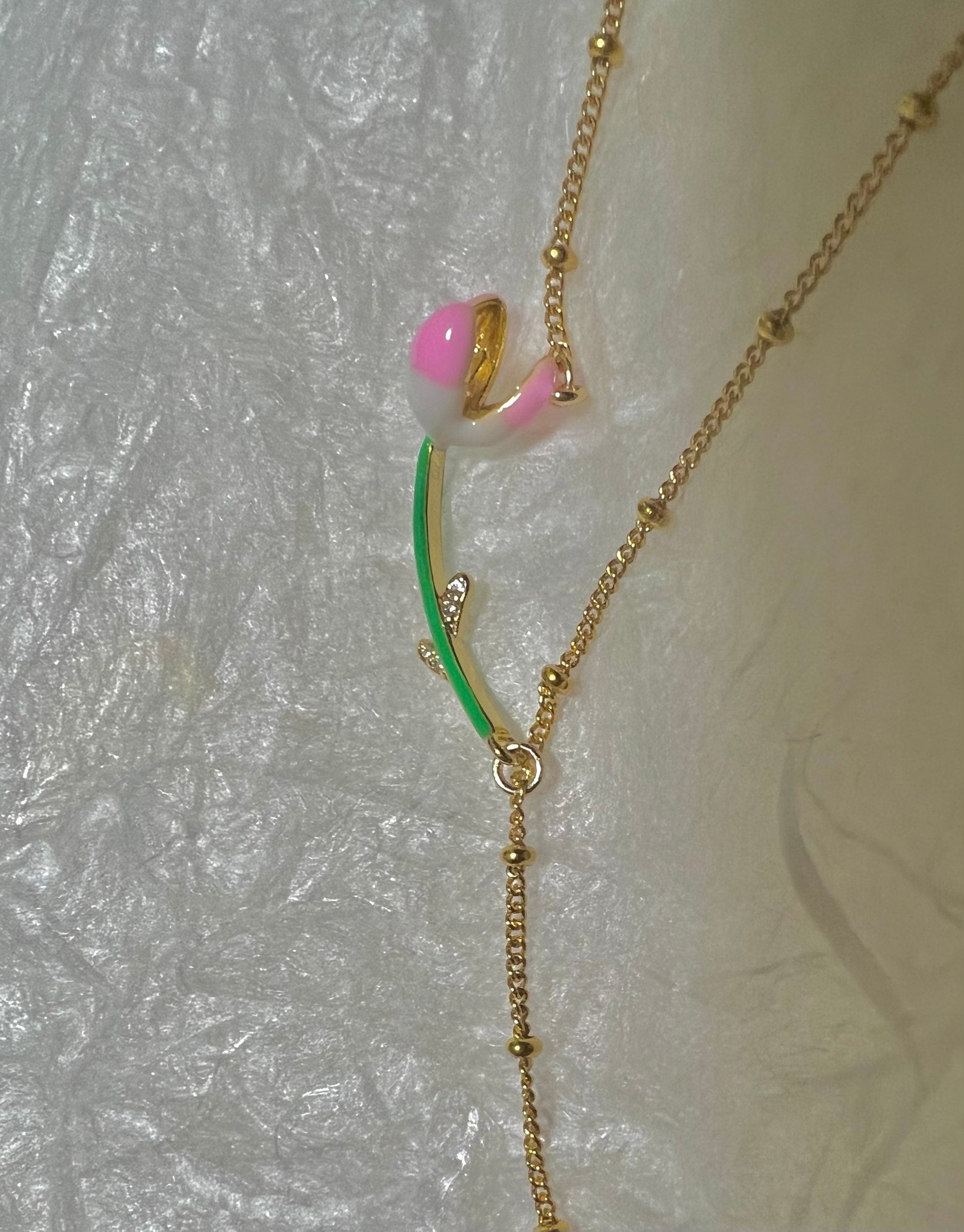 14K gold filled dangle tulip freshwater pearl beaded chain necklace. Flower necklace. Famous painting necklace. Floral necklace.