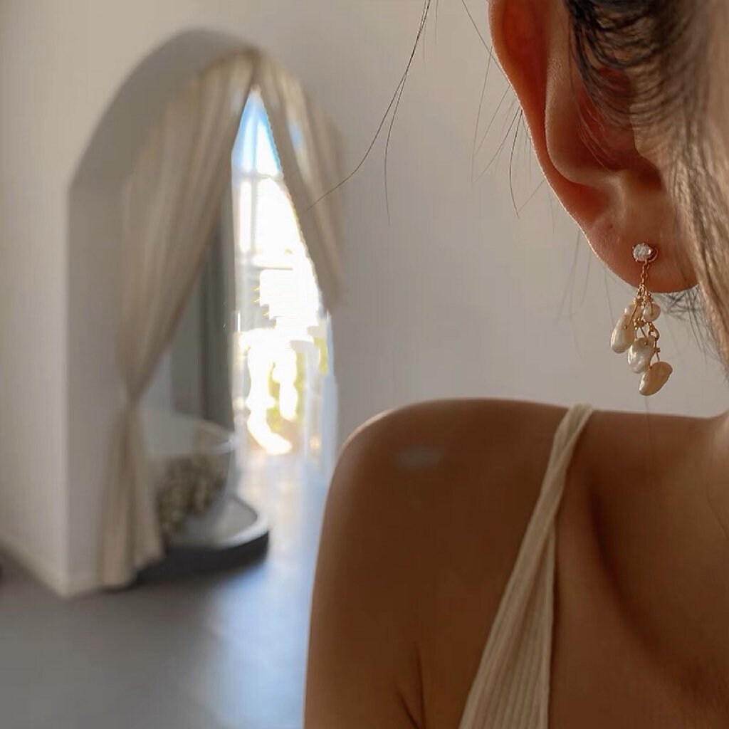 14K gold filled freshwater multiple-pearl dangle earrings. Dainty pearl earrings. Statement pearl earrings. Bridesmaid gift. Gift for her.