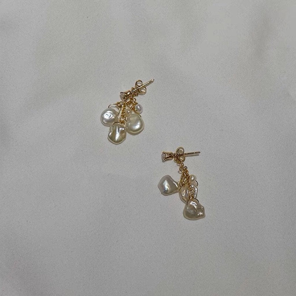 14K gold filled freshwater multiple-pearl dangle earrings. Dainty pearl earrings. Statement pearl earrings. Bridesmaid gift. Gift for her.