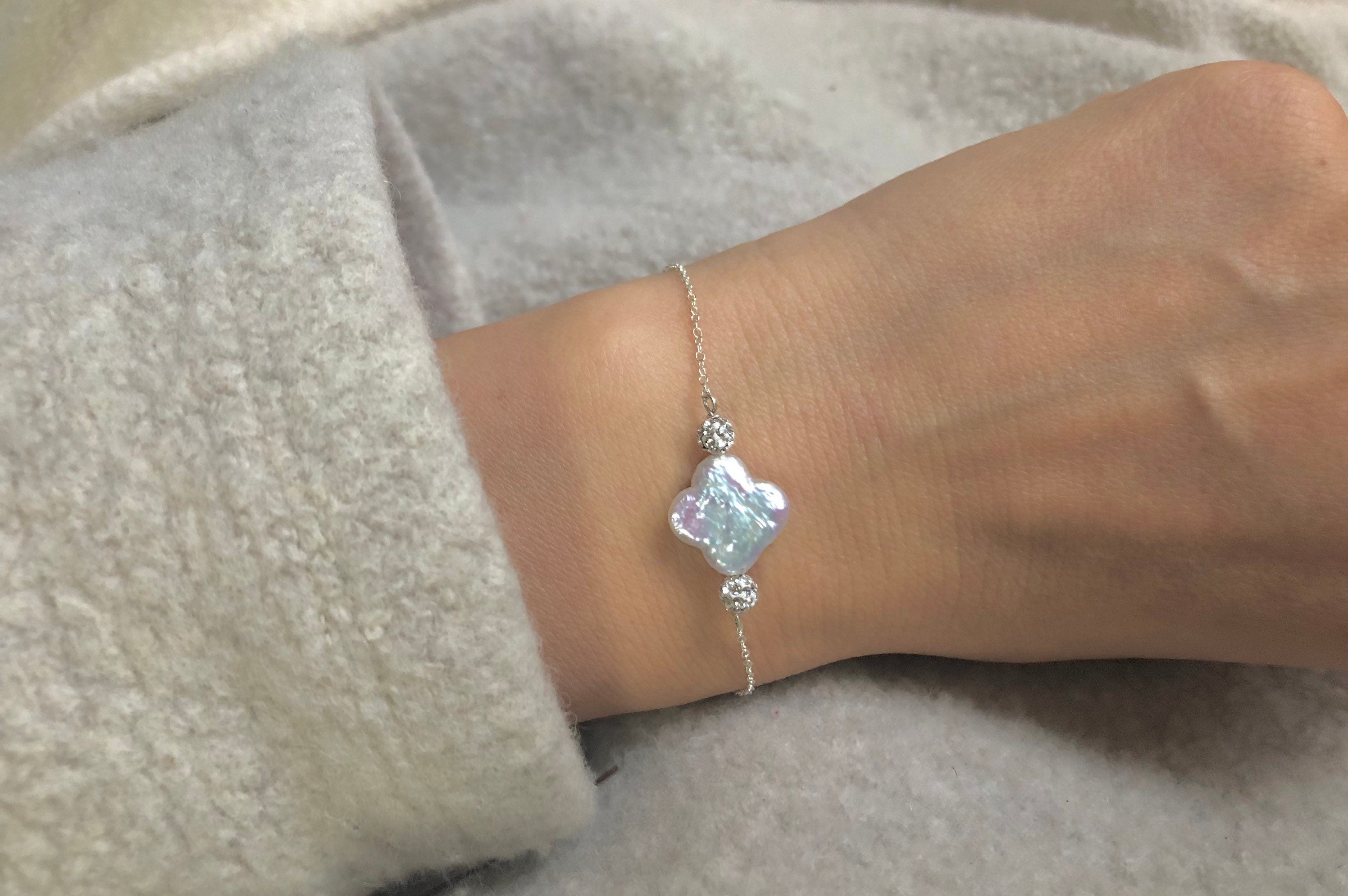 Freshwater clover shape baroque pearl CZ ball sparkling bracelet. Elegant pearl bracelet. Wedding bracelet. Gift for her