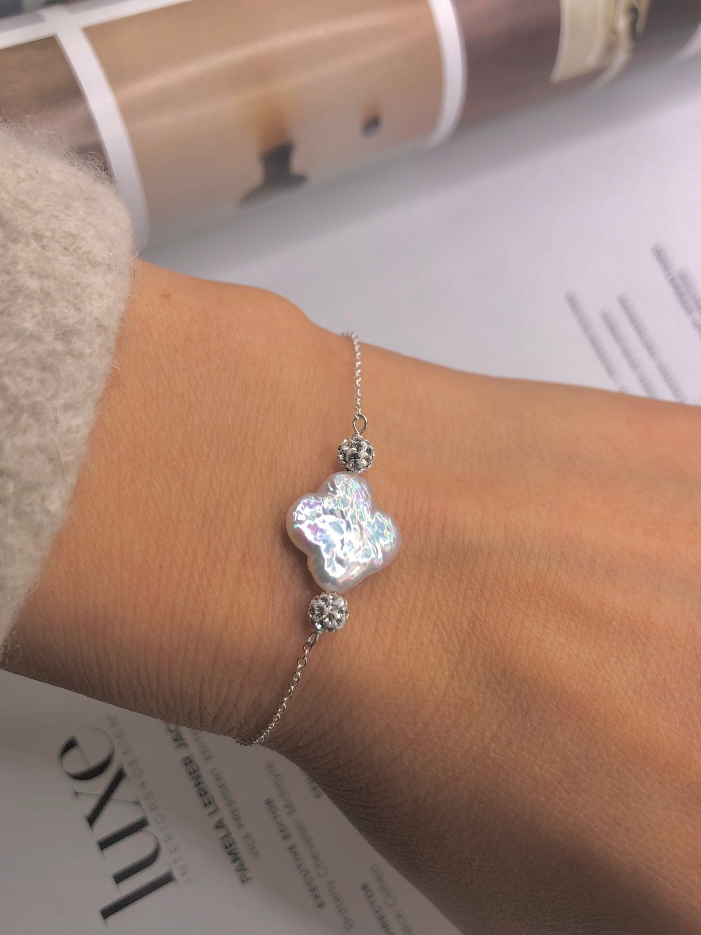 Freshwater clover shape baroque pearl CZ ball sparkling bracelet. Elegant pearl bracelet. Wedding bracelet. Gift for her