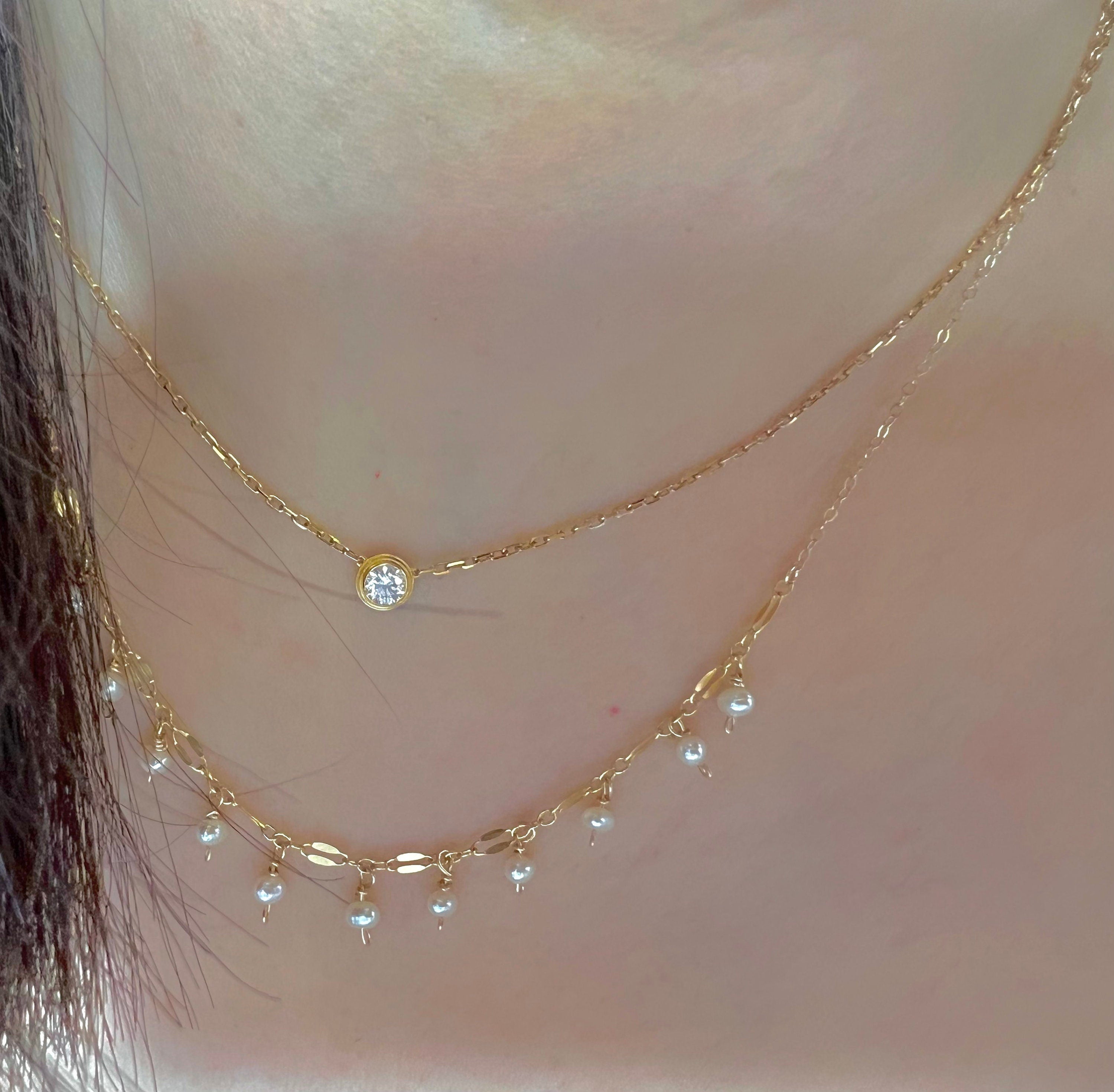 Freshwater pearl multiple-chain choker necklace. Tiny Pearl fringe necklace. drop necklace. Station choker. Dainty necklace. Gift for her