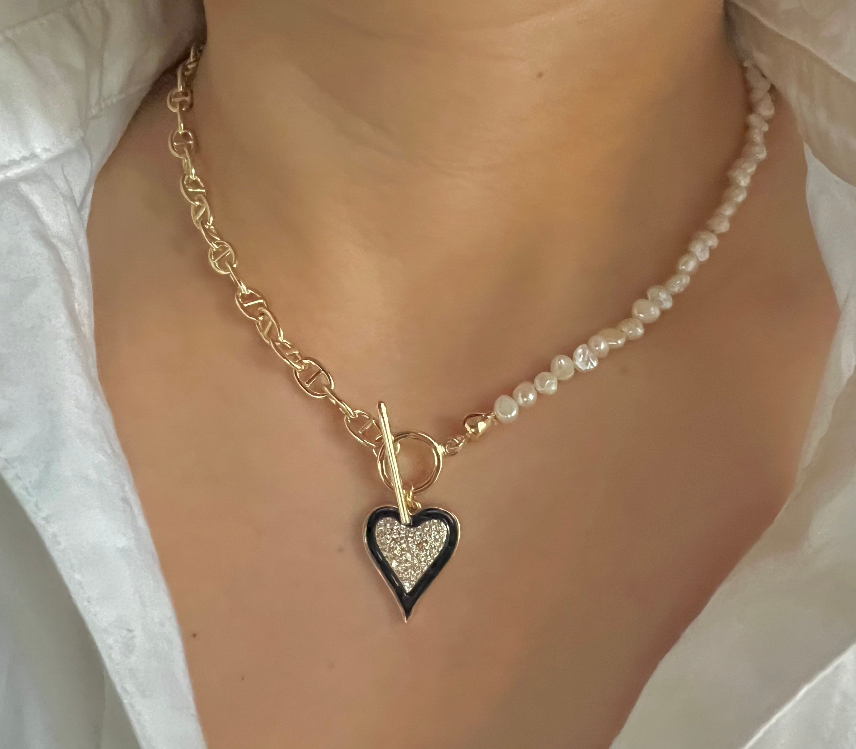 Freshwater baroque pearl half chain heart charm necklace. High luster baroque pearl necklace. Boho necklace. Vintage necklace. Valentines