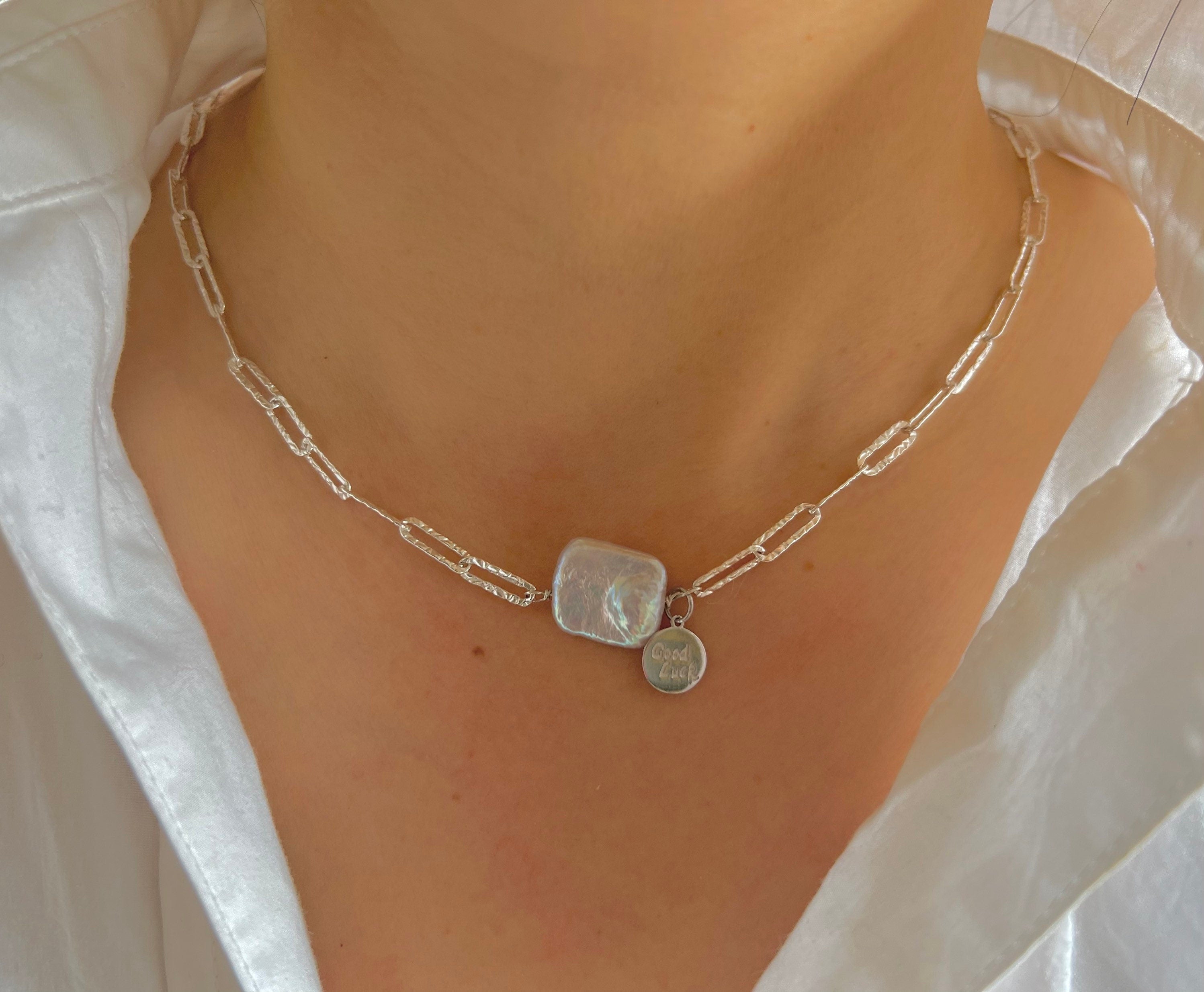 925 sterling silver baroque petal pearl sparkle chain charm lucky necklace. Rectangle chain necklace. Minimalist necklace. Chic necklace
