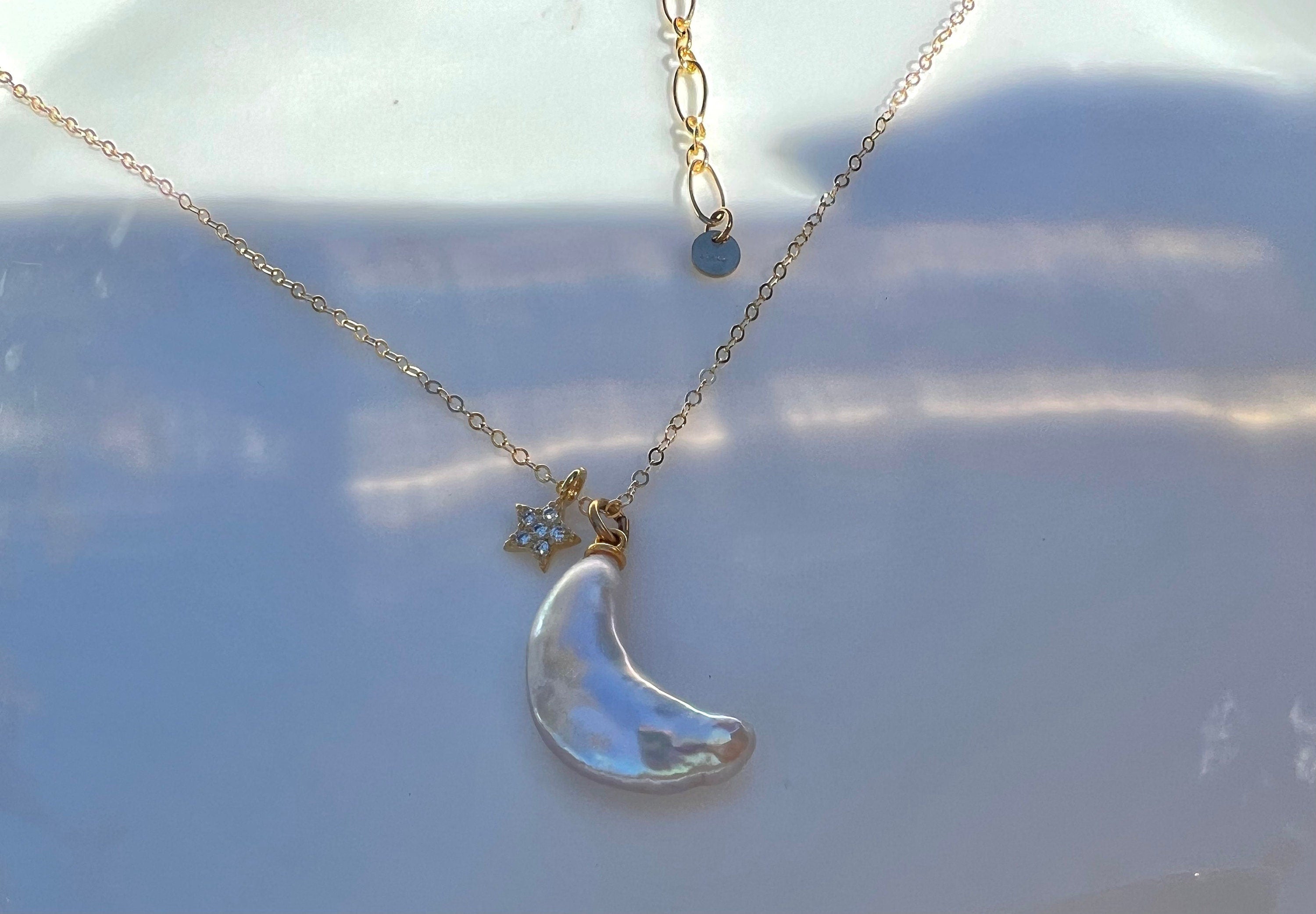 14K gold filled baroque star/Crescent moon elegant dangle necklace. Dainty CZ charm pendant necklace. Minimalist necklace. Gift for her