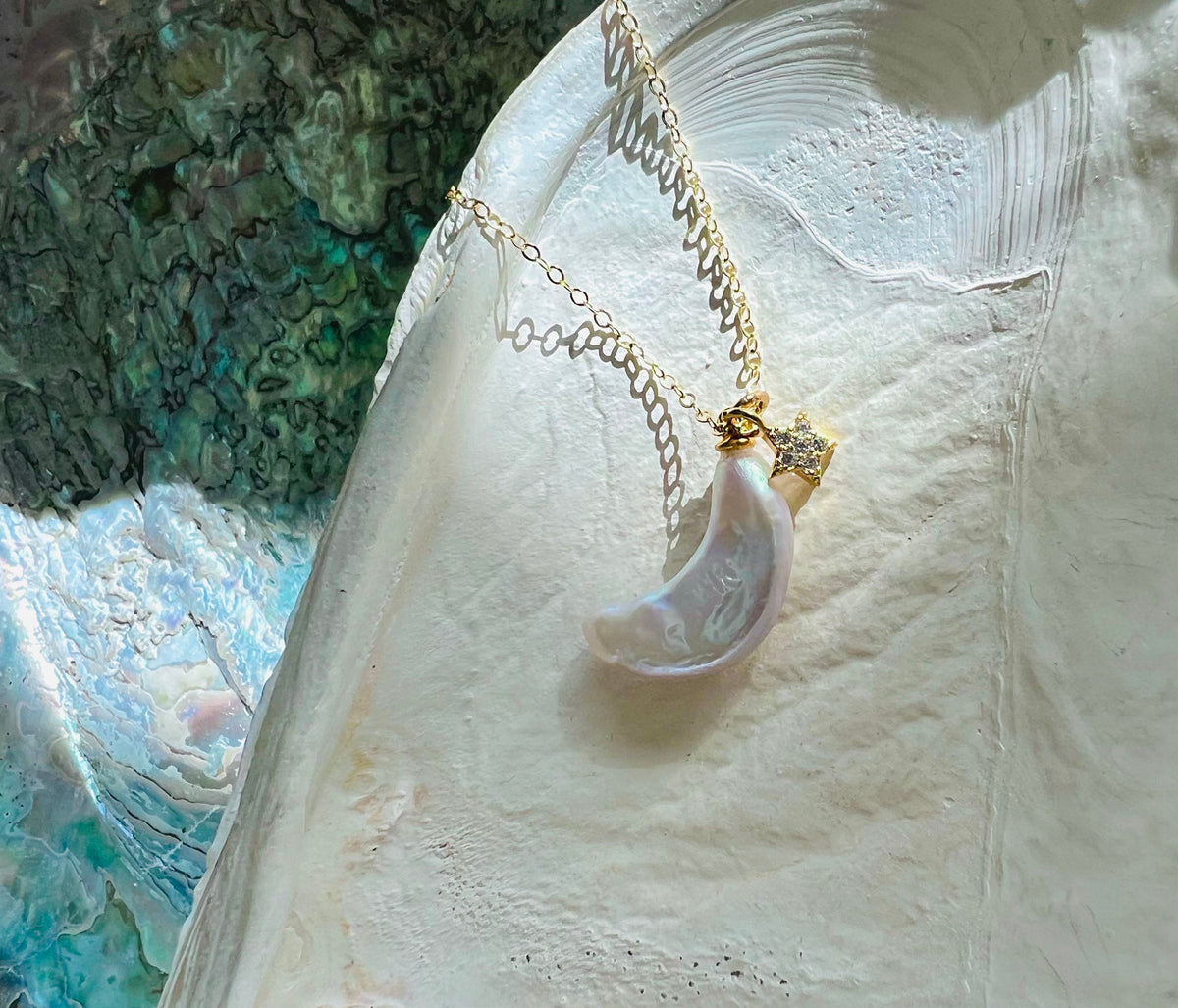 14K Gold Filled Baroque Star/Crescent Moon Dangle Necklace