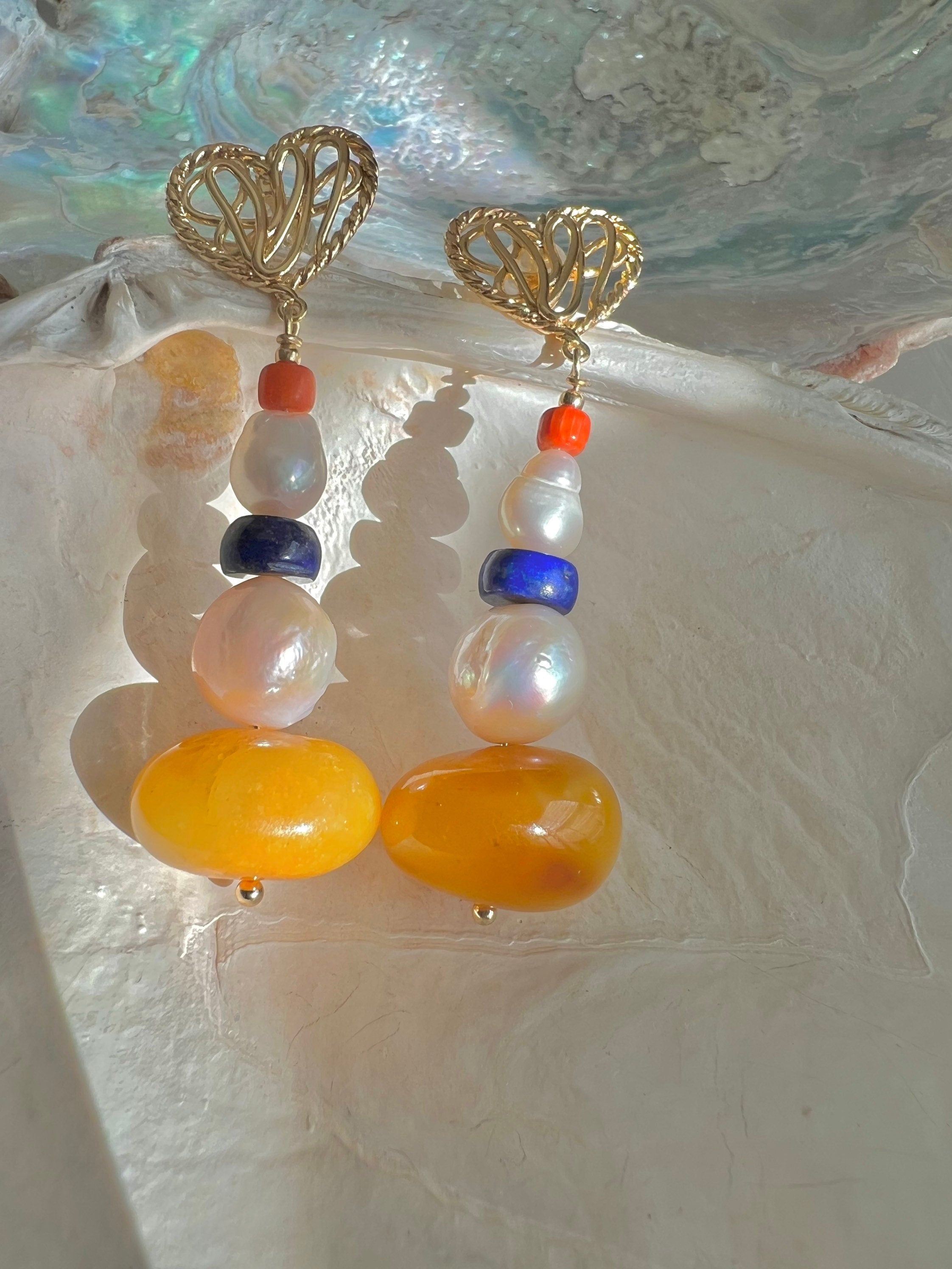 Vintage freshwater baroque Pearl Long dangle Earrings. Large Pearl amber lapis lazuli coral colorful Earrings. Candy Earrings. Wedding.