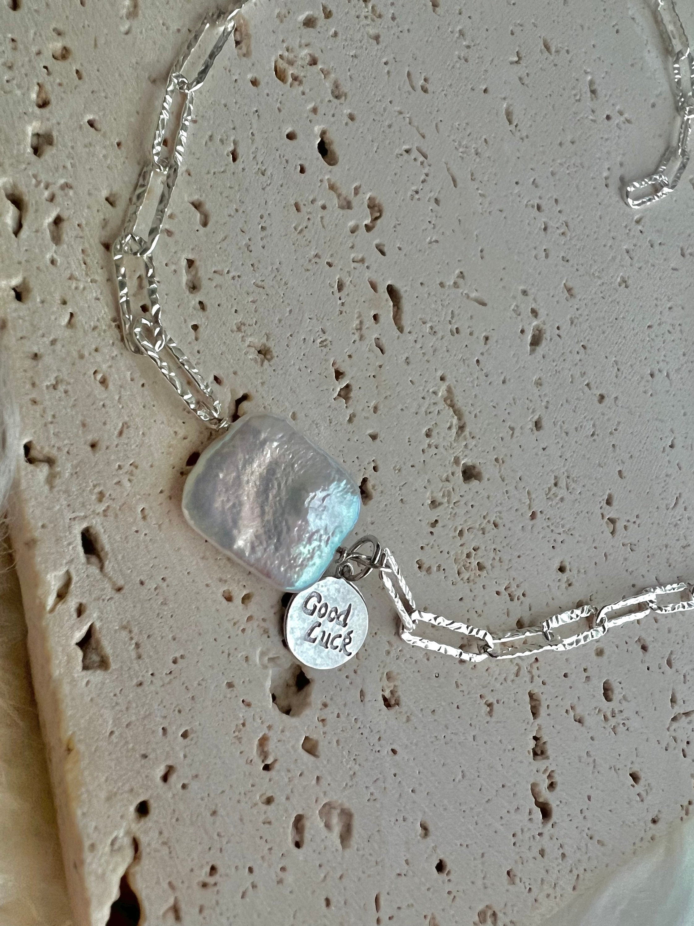 925 sterling silver baroque petal pearl sparkle chain charm lucky necklace. Rectangle chain necklace. Minimalist necklace. Chic necklace