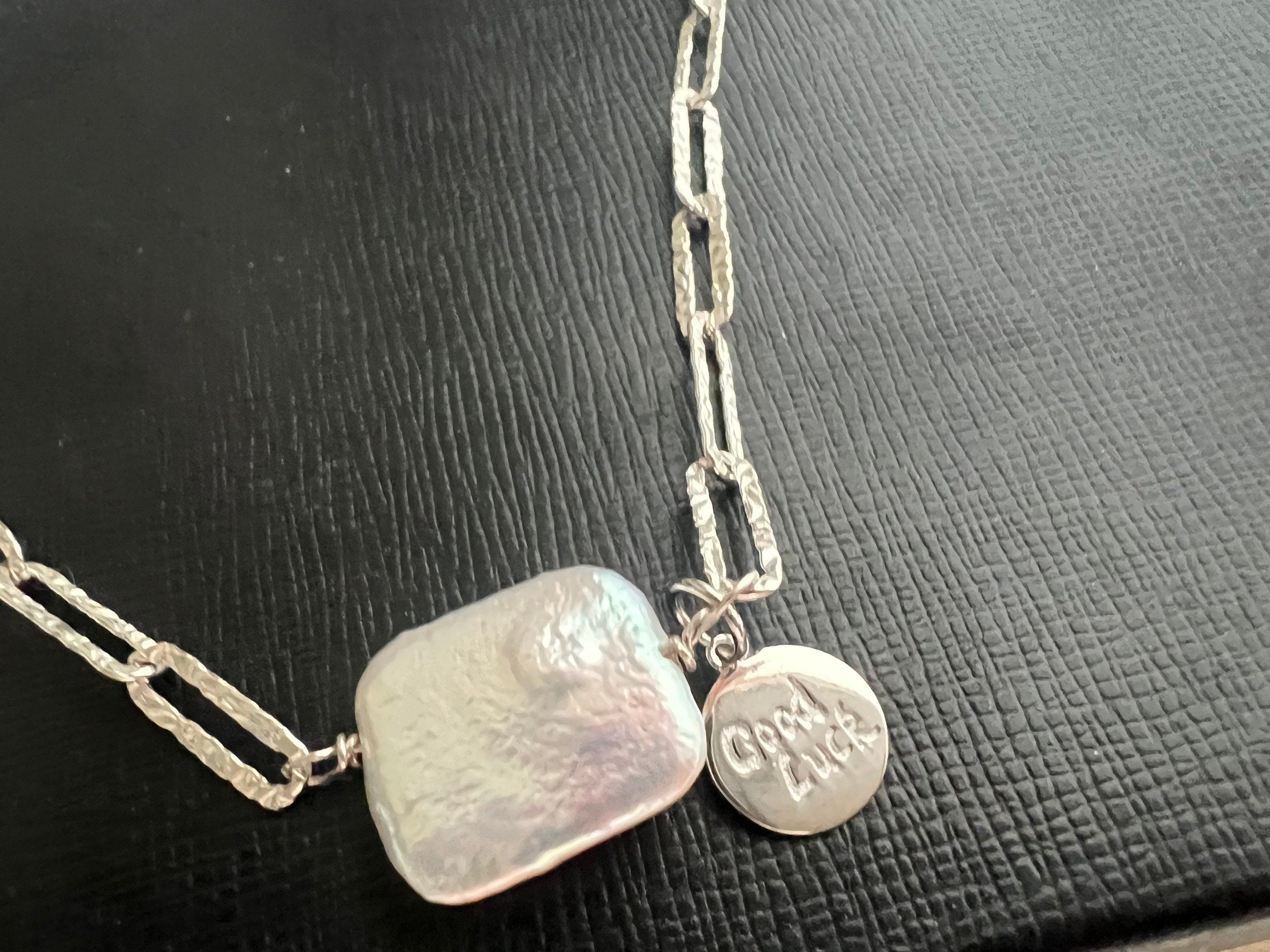 925 sterling silver baroque petal pearl sparkle chain charm lucky necklace. Rectangle chain necklace. Minimalist necklace. Chic necklace