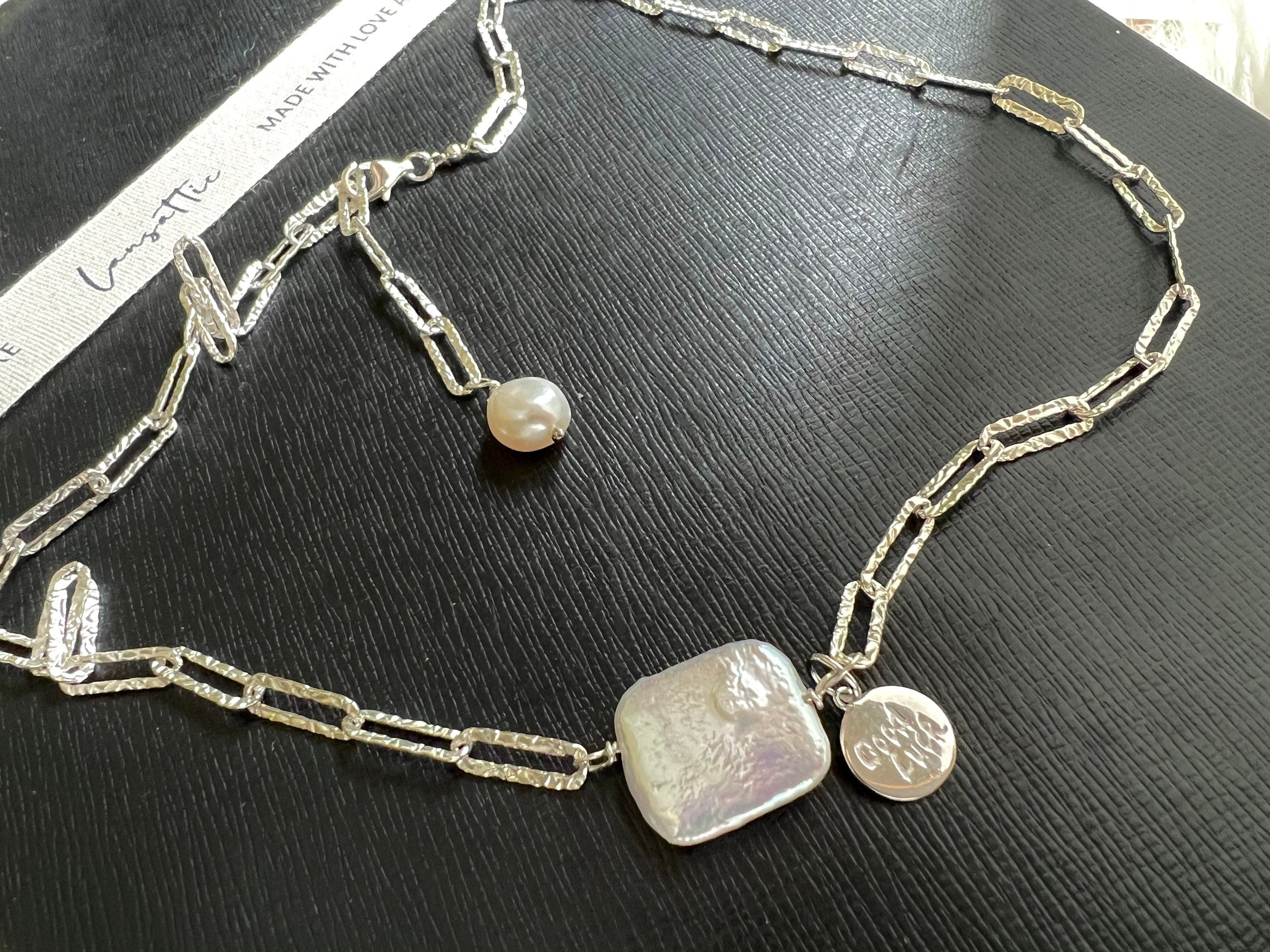 925 sterling silver baroque petal pearl sparkle chain charm lucky necklace. Rectangle chain necklace. Minimalist necklace. Chic necklace