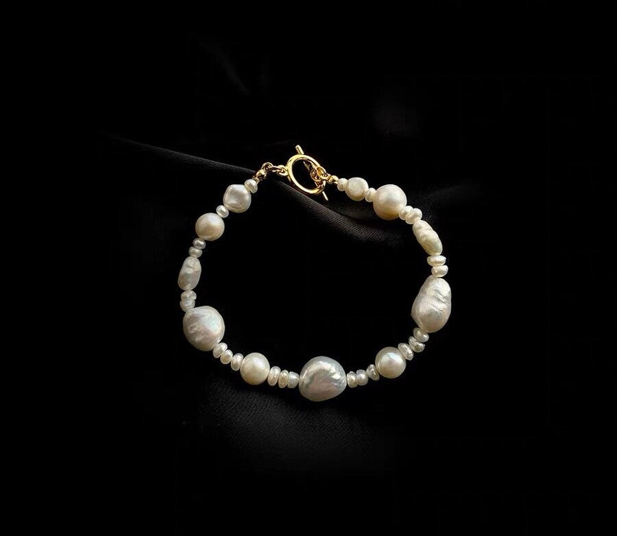 High quality luster genuine multiple-shape baroque pearl gold filled bracelet. dainty pearl bracelet. Vintage pearl bracelet. Gift for her.