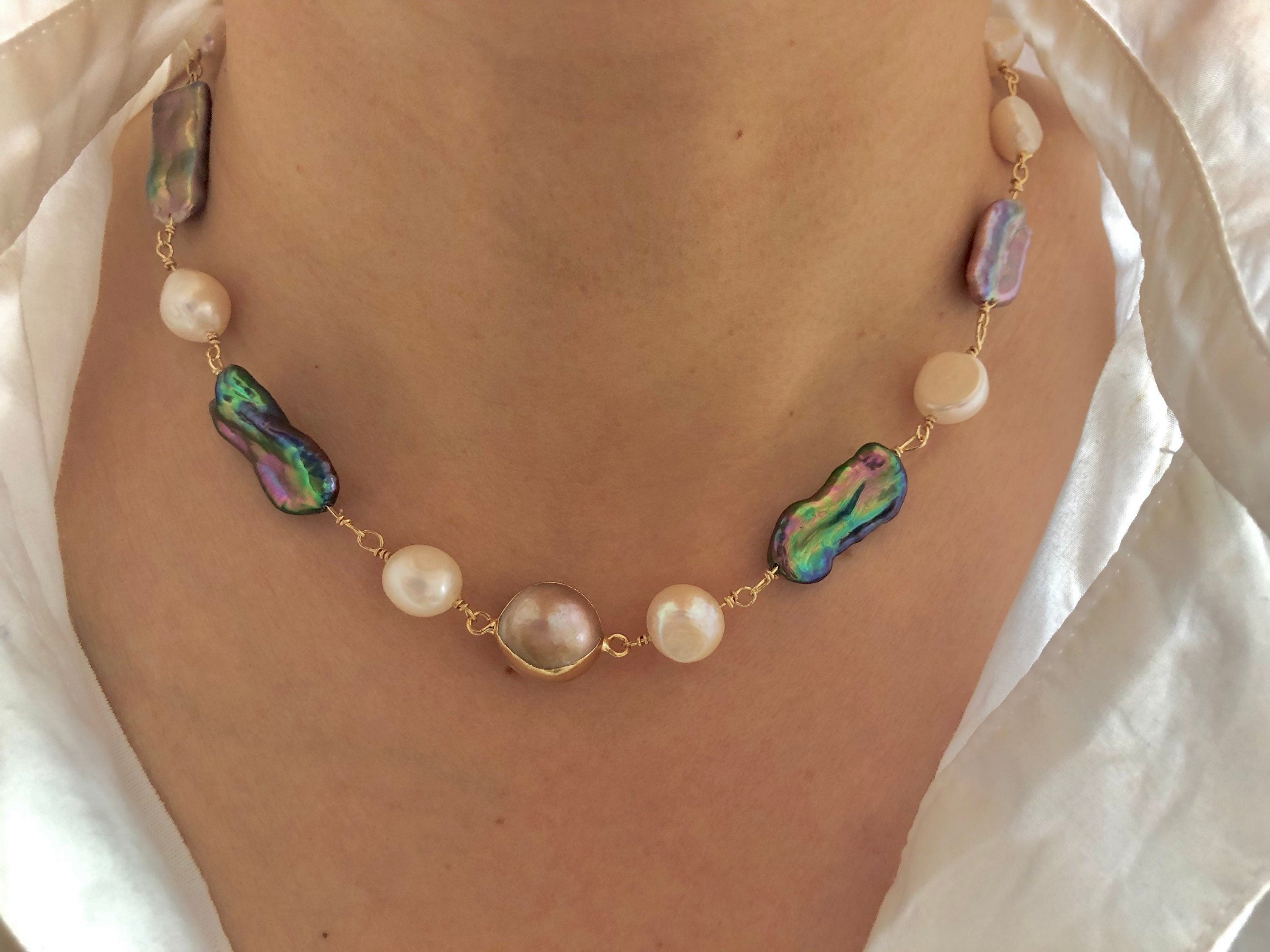 Freshwater multiple-color baroque Pearl vintage necklace. Art nouveau boho necklace. Wedding necklace.