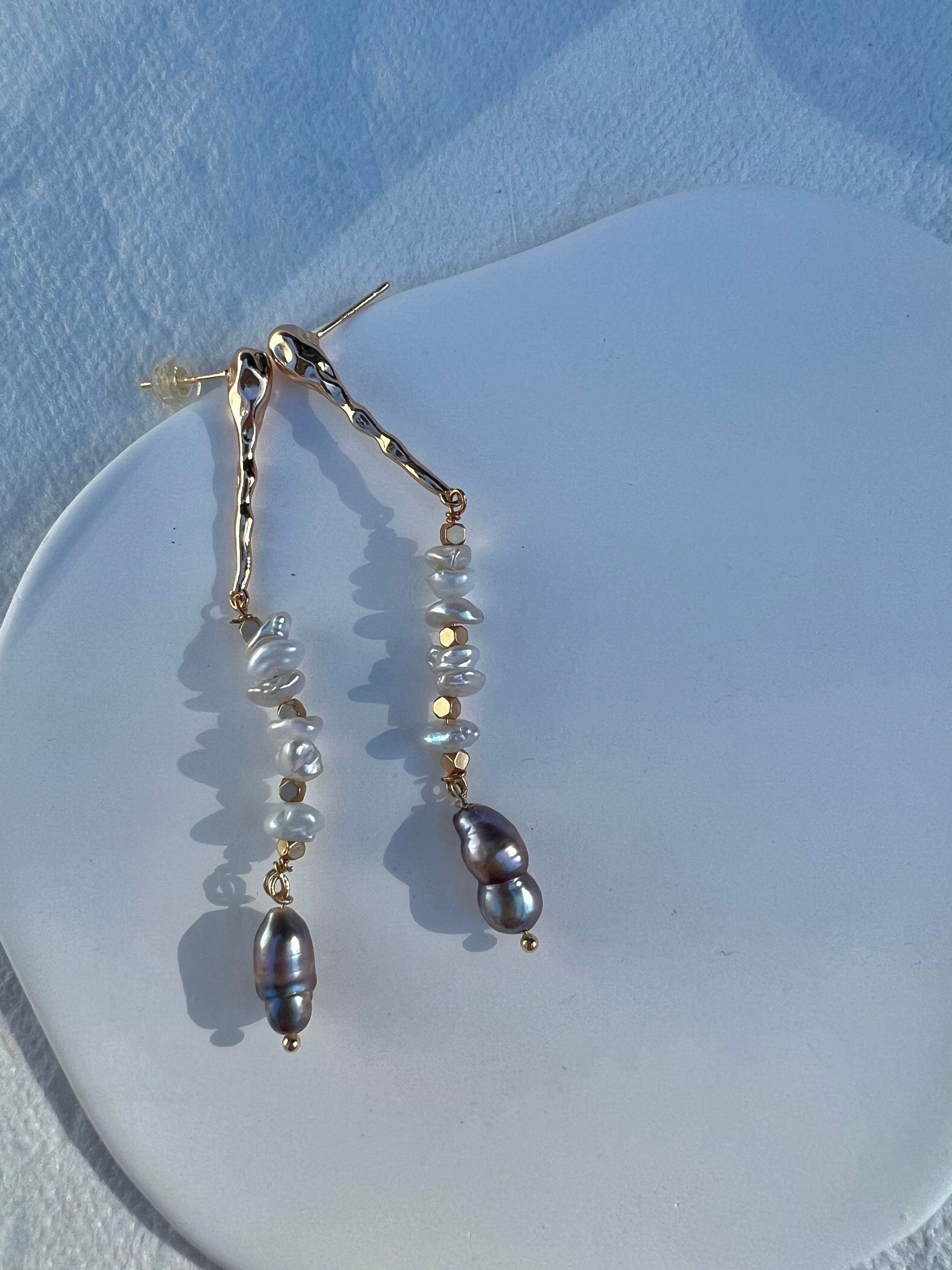 Vintage style multi-color multi-shape freshwater pearl earrings. Petals pearl Earrings. Baroque Gold boho Earrings. Art Deco Earrings.