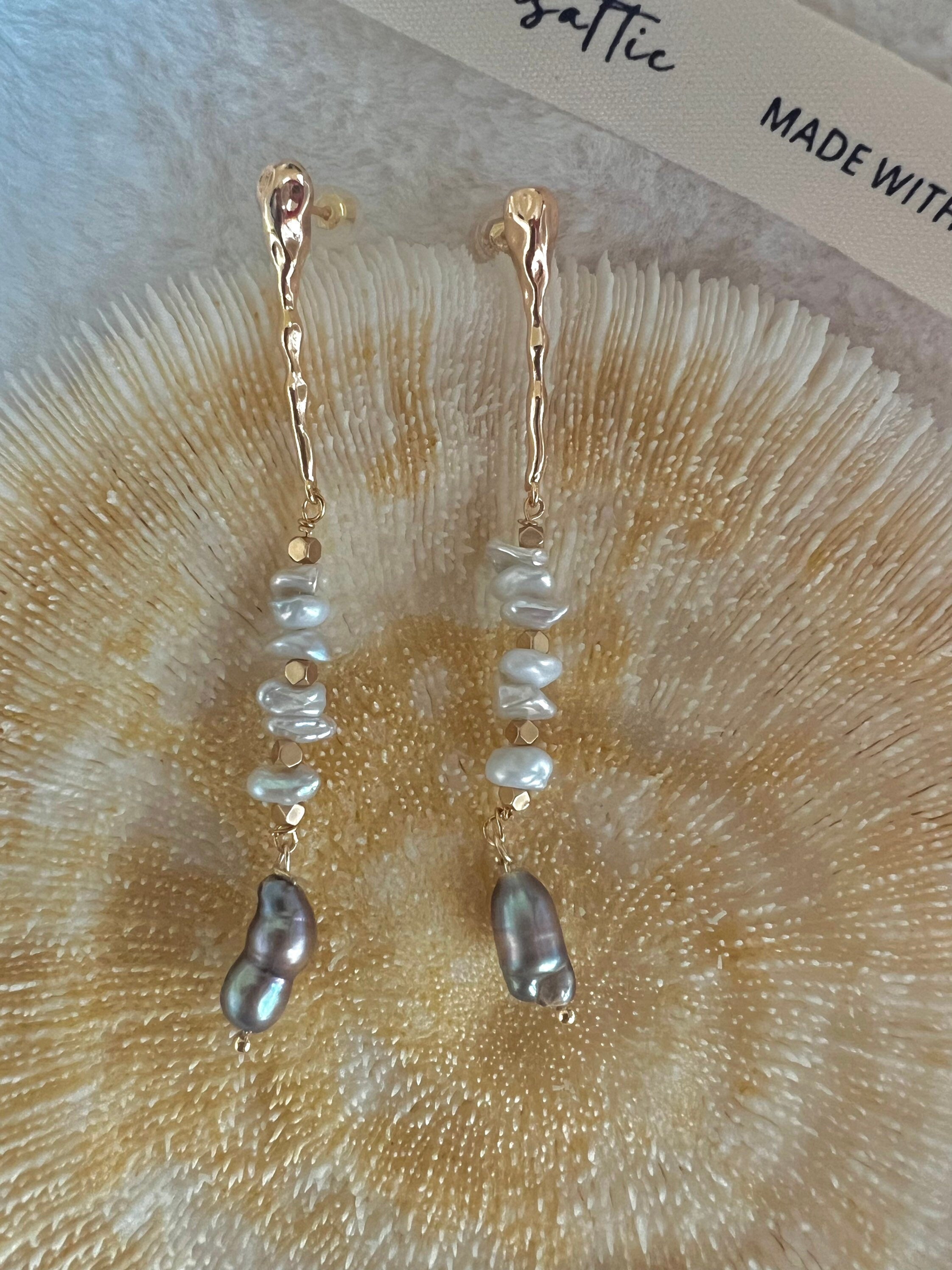 Vintage style multi-color multi-shape freshwater pearl earrings. Petals pearl Earrings. Baroque Gold boho Earrings. Art Deco Earrings.