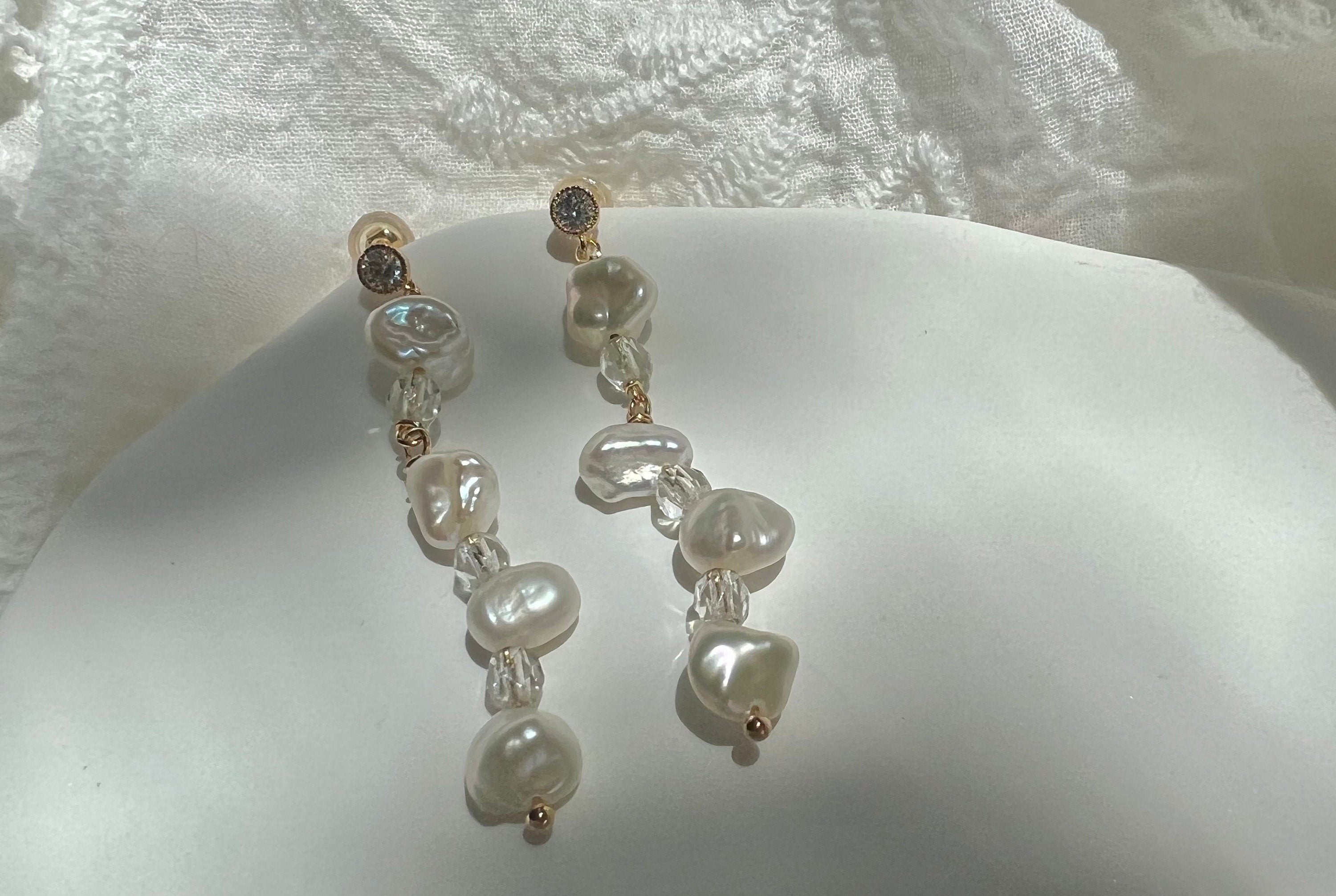 France style baroque petals pearl crystal dangle dainty earring. High Luster pearl earring. Gift for her.