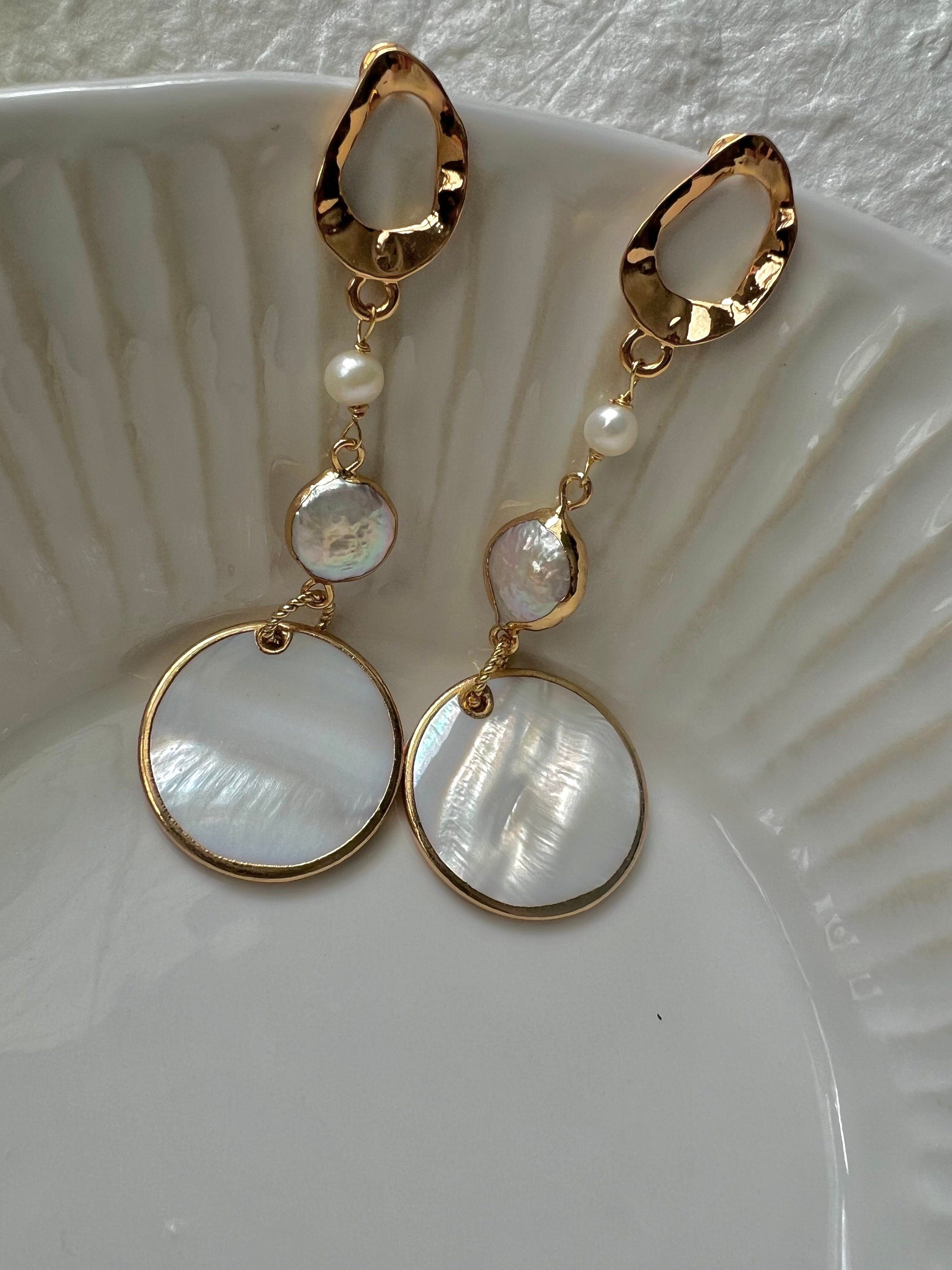 Chic freshwater pearl Charm long drop earrings. Boho shell earrings , Designed Dangling earrings. Modern pearl earrings.