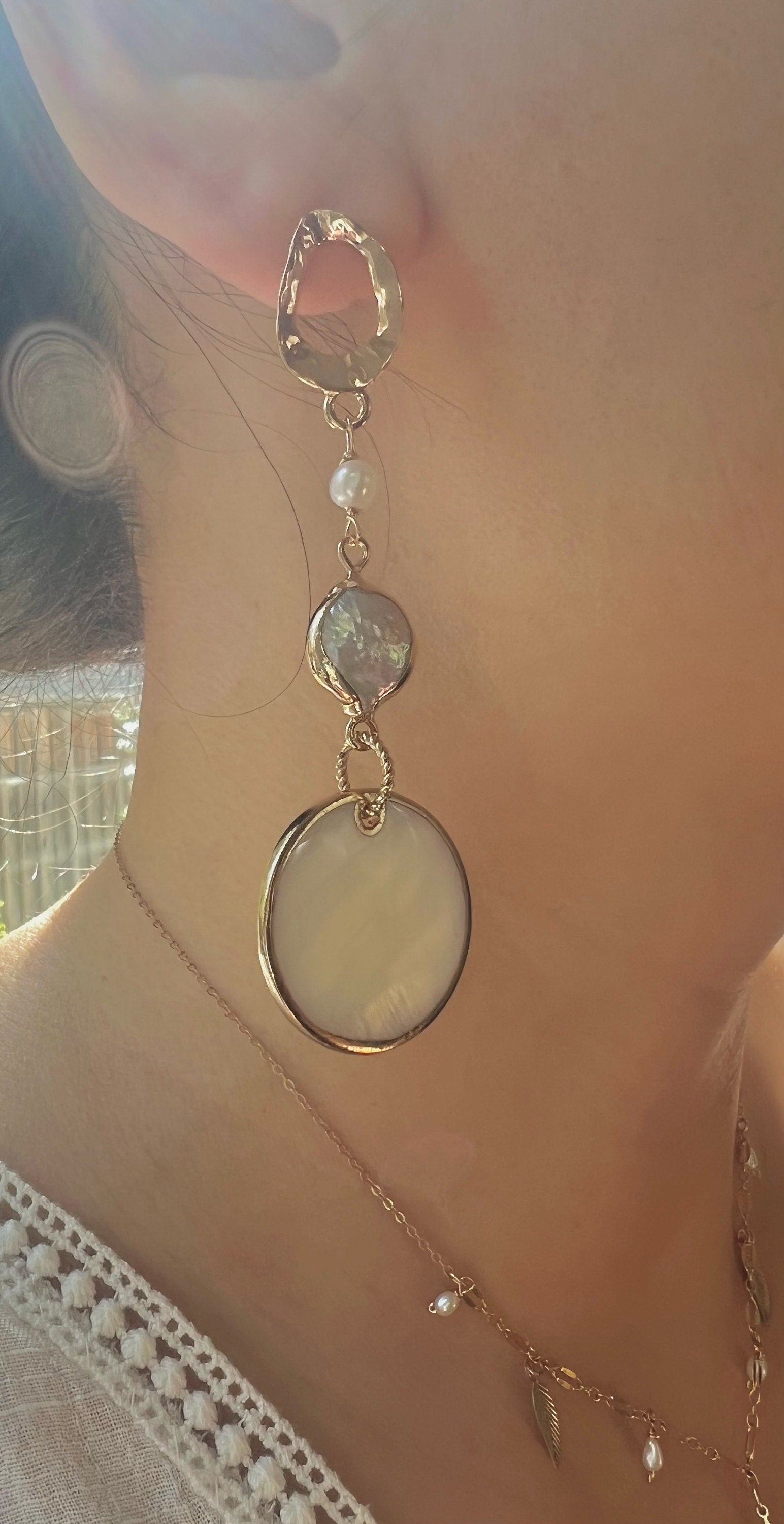 Chic freshwater pearl Charm long drop earrings. Boho shell earrings , Designed Dangling earrings. Modern pearl earrings.