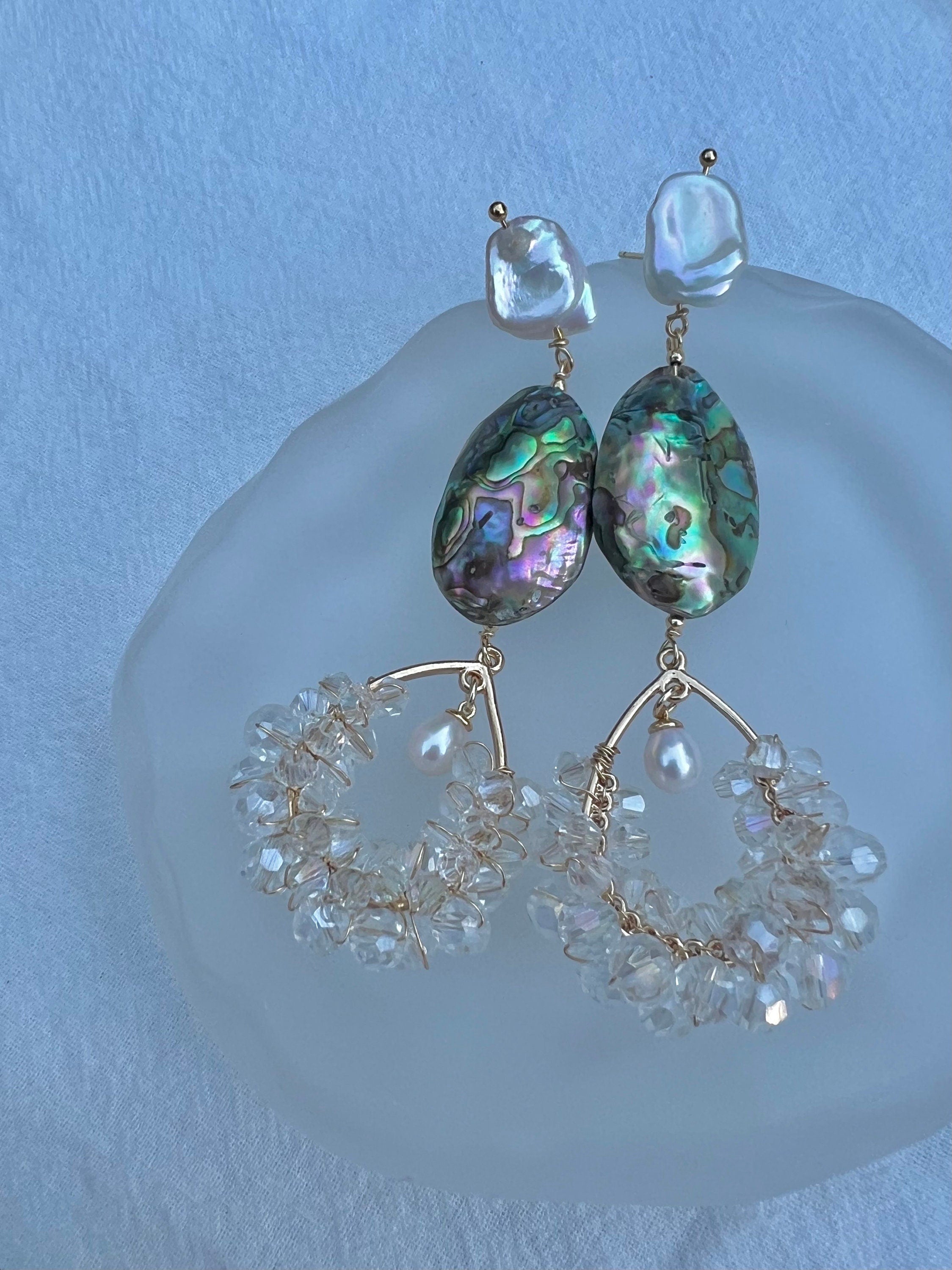 Genuine freshwater baroque pearl long dangle teardrop crystal abalone earrings. Bridal boho pearl earrings. Art deco earrings.