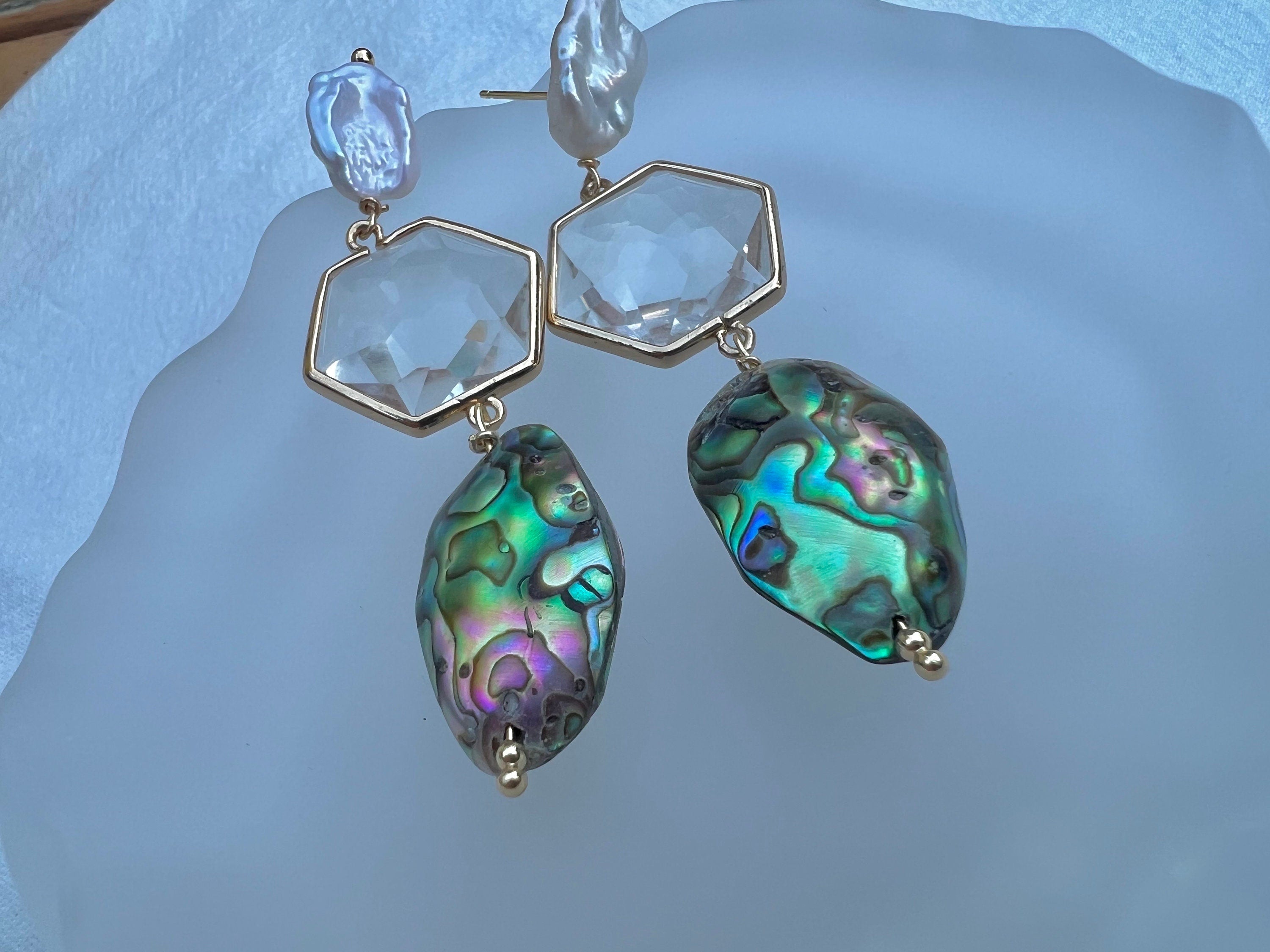 Genuine freshwater baroque pearl long dangle teardrop crystal abalone earrings. Bridal boho pearl earrings. Art deco earrings.