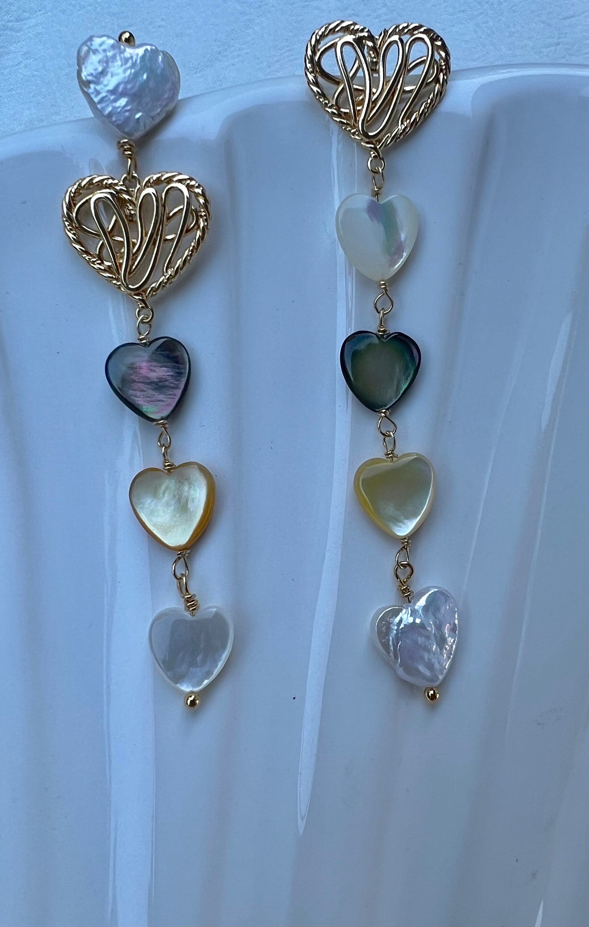 High quality freshwater Baroque multi-heart filigree earrings. Boho wedding earrings. Candy earrings. Unbalanced earrings.