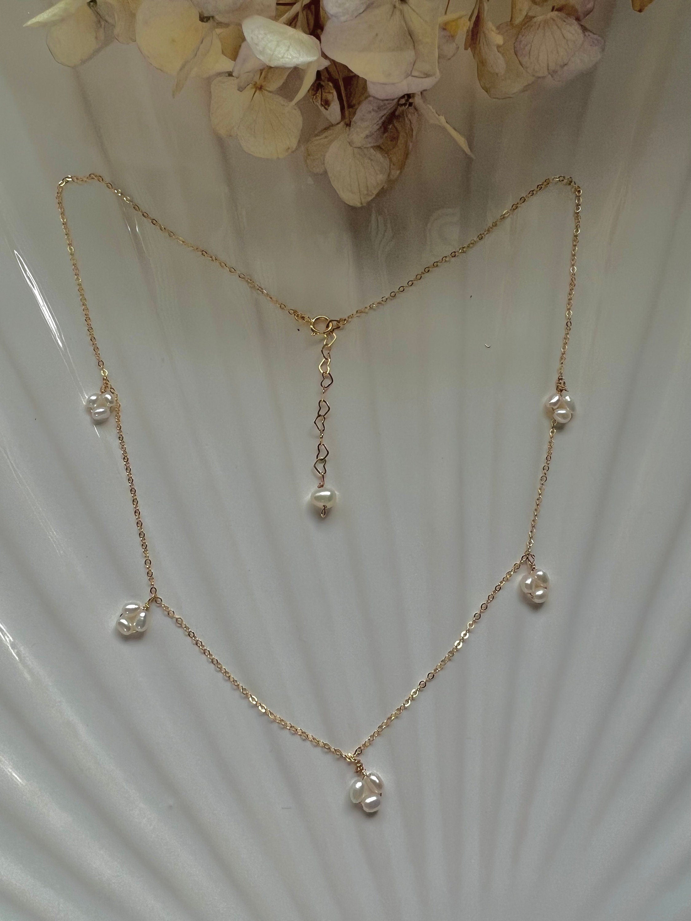 Gold filled Freshwater pearl flower necklace. Tiny Pearl fringe necklace. Tessle necklace. Station necklace. Dainty necklace. Gift for her
