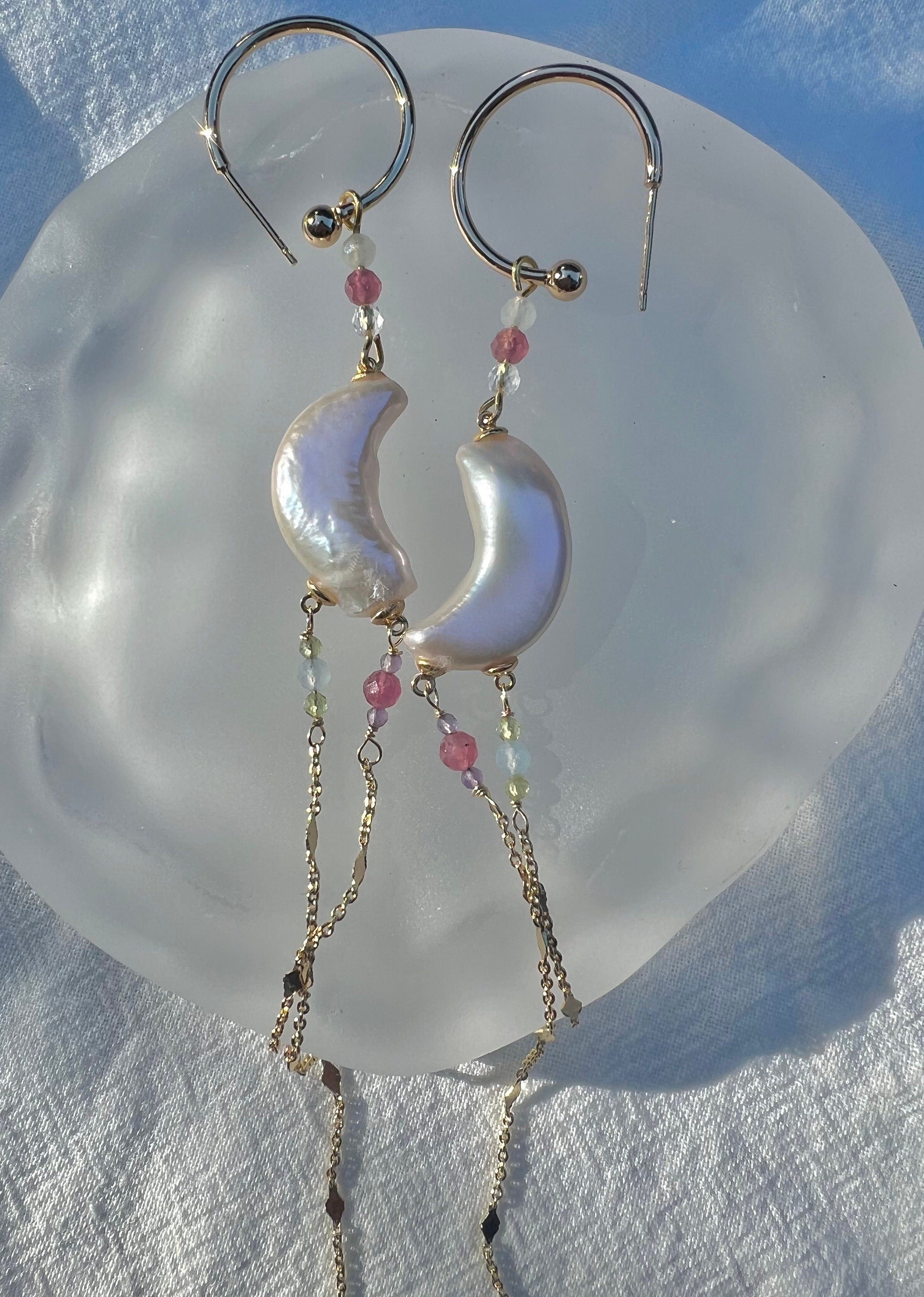 Art Deco Freshwater moon pearl dangle earrings. Delicate gemstones earring. Space earrings. Tassel elegant earrings. Gifts
