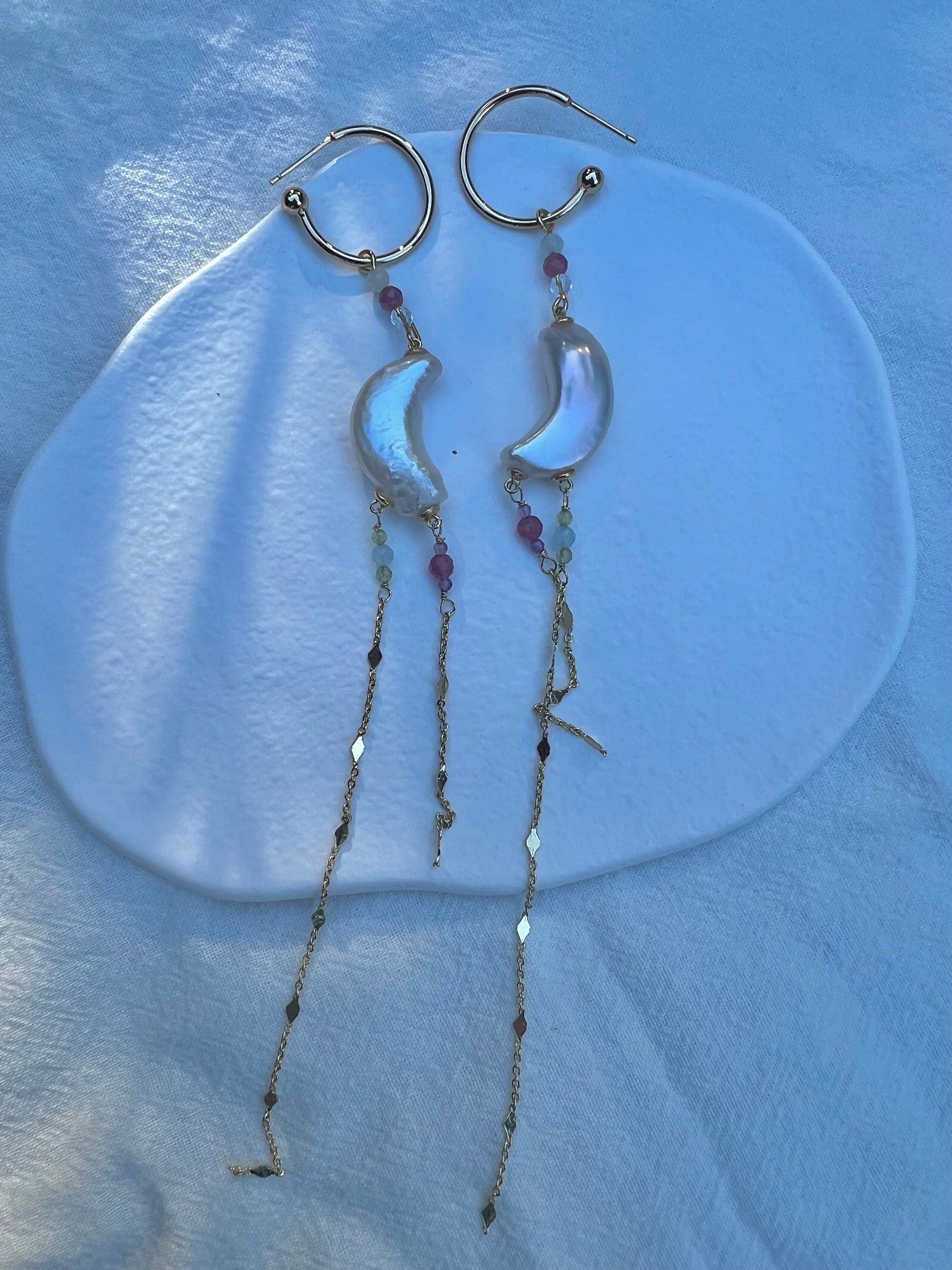 Art Deco Freshwater moon pearl dangle earrings. Delicate gemstones earring. Space earrings. Tassel elegant earrings. Gifts